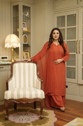 Noorani Mukaish Modal Chikankari Kurta Plazzo and Dupatta Set