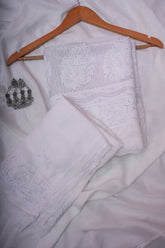 White Viscose Georgette Chikankari Premium 3 Pc Unstitched Suit Set