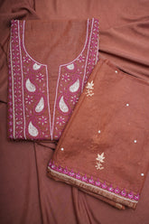 Un-Stitched Chanderi Chikankari Suit Length with Bottom and dupatta-Rust Brown