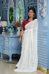 Dhvani Pure White Viscose Georgette Chikankari Saree