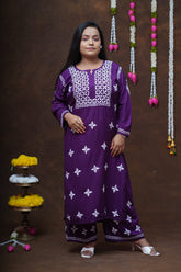 Modal Chikankari Long Kurta Plazzo Set-Royal Purple