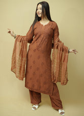 Saanjh Chanderi Chikankari Set - Brown