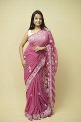 Abira Chikankari Georgette Saree - Onion Pink