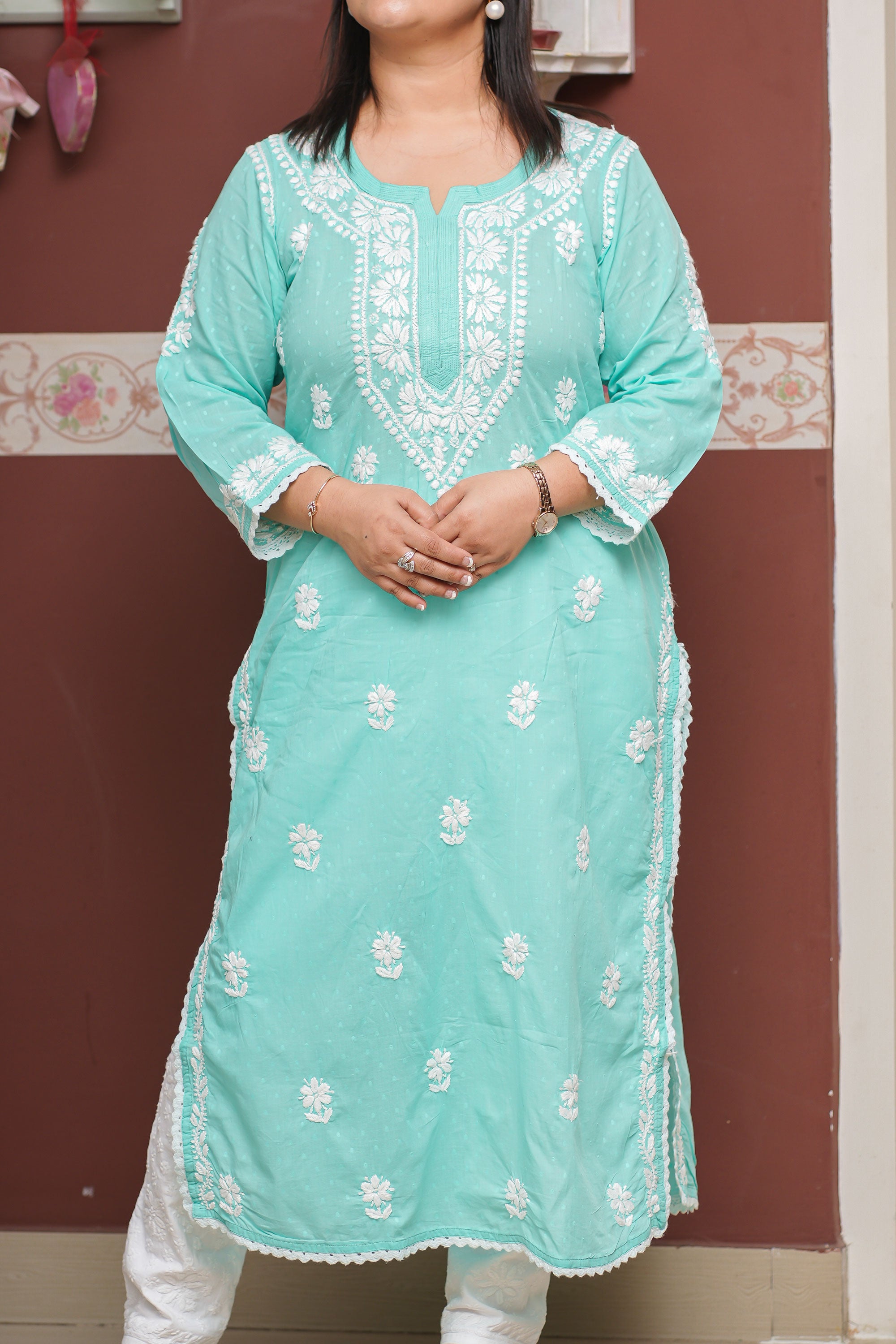 Dobby Cotton Chikankari Kurta with Lace Detailing