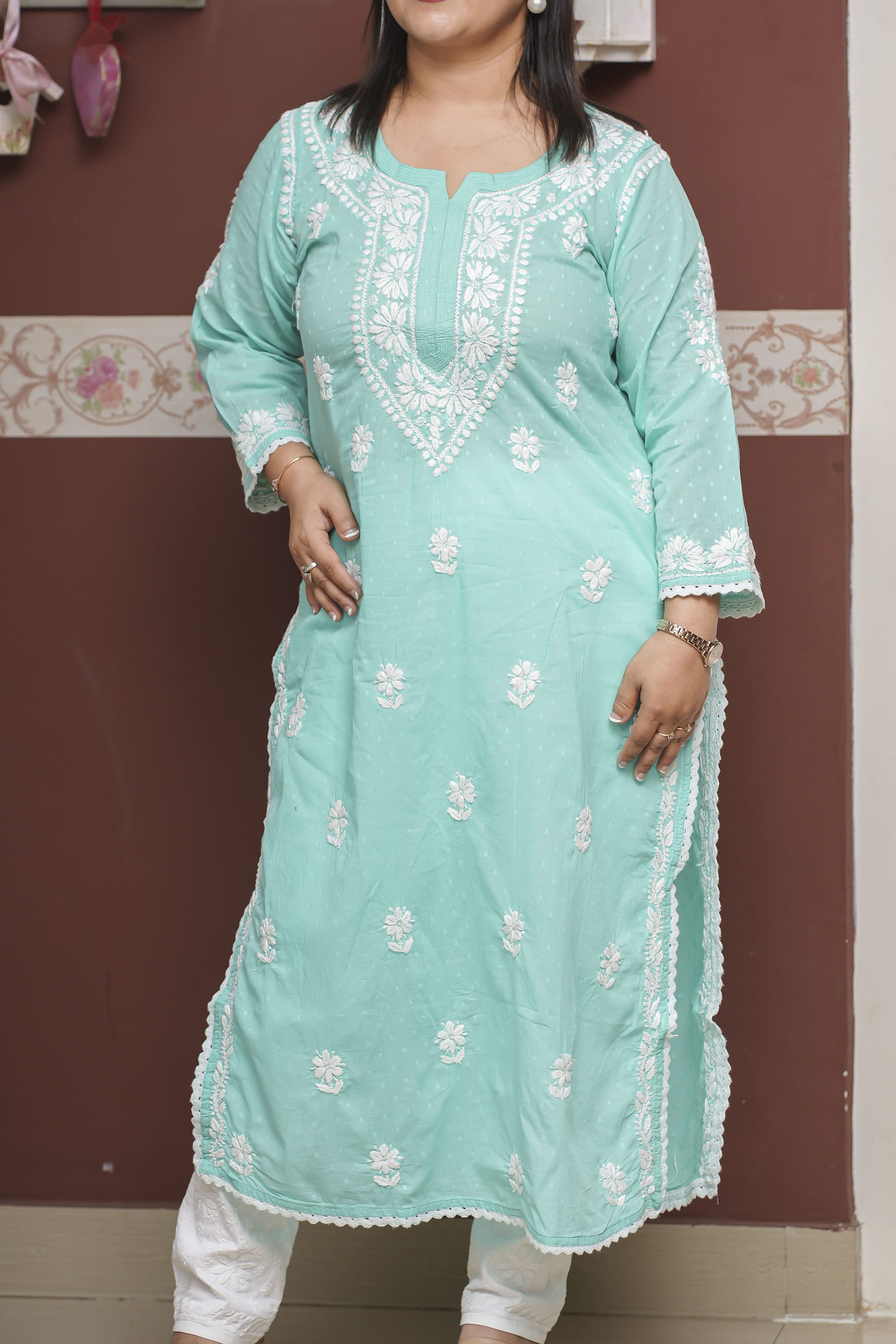 Dobby Cotton Chikankari Kurta with Lace Detailing