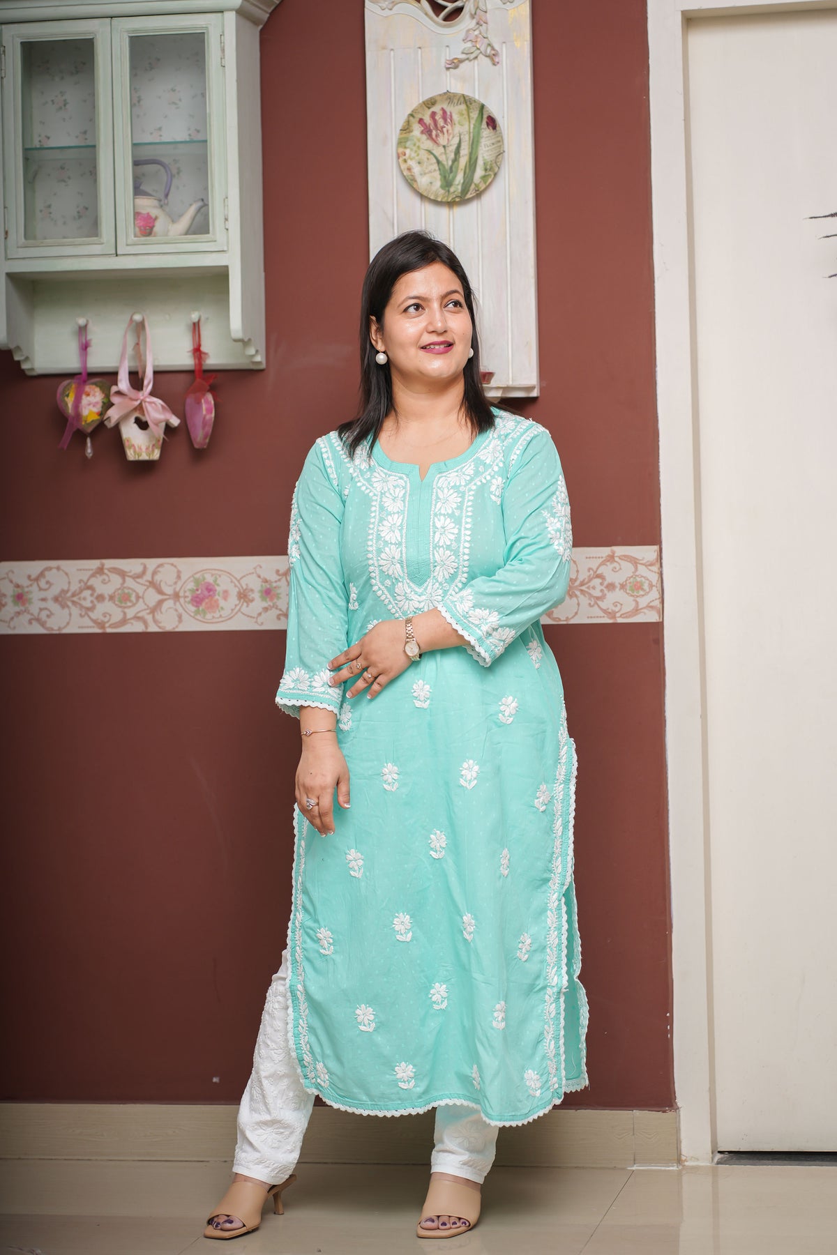 Dobby Cotton Chikankari Kurta with Lace Detailing