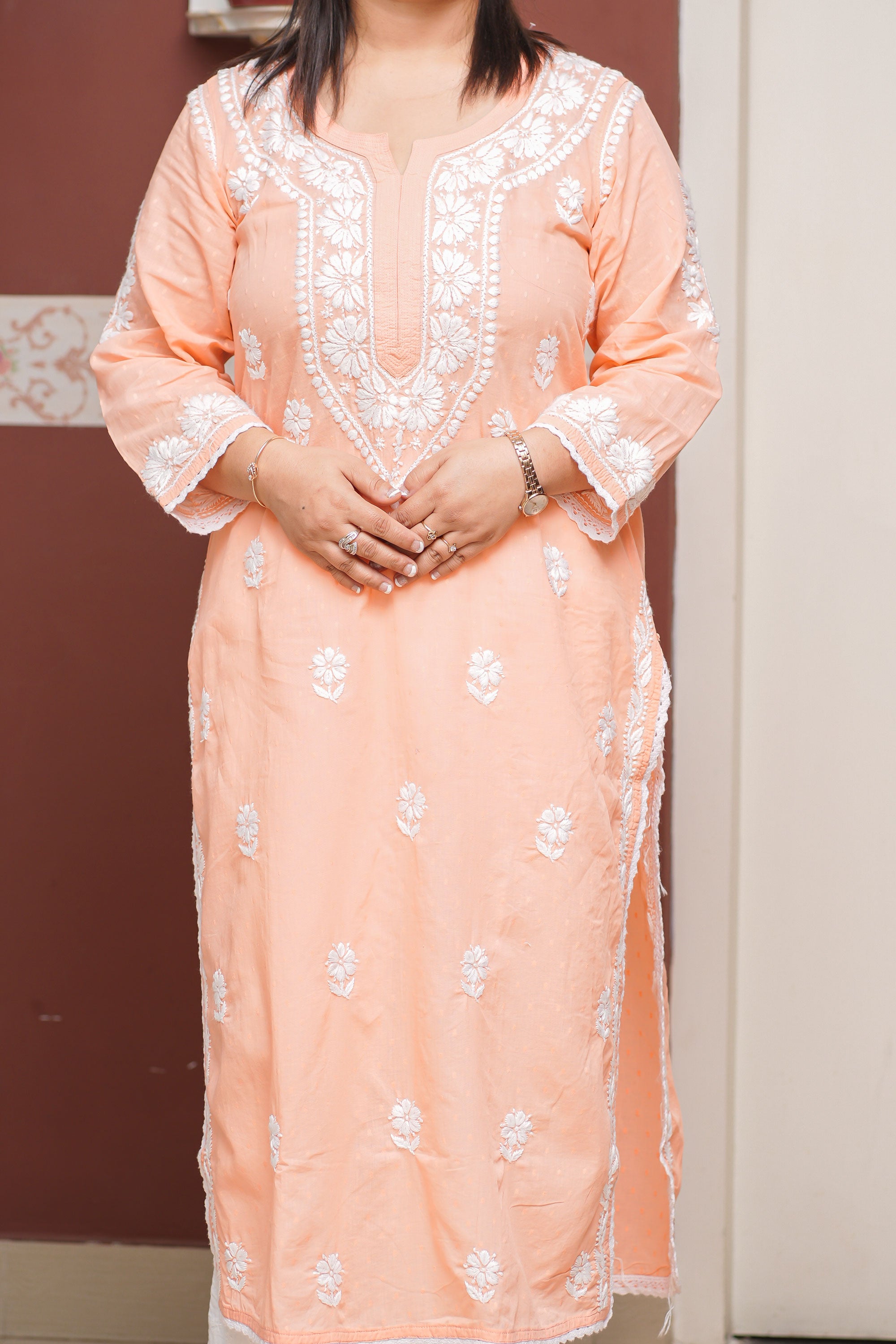 Dobby Cotton Chikankari Kurta with Lace Detailing
