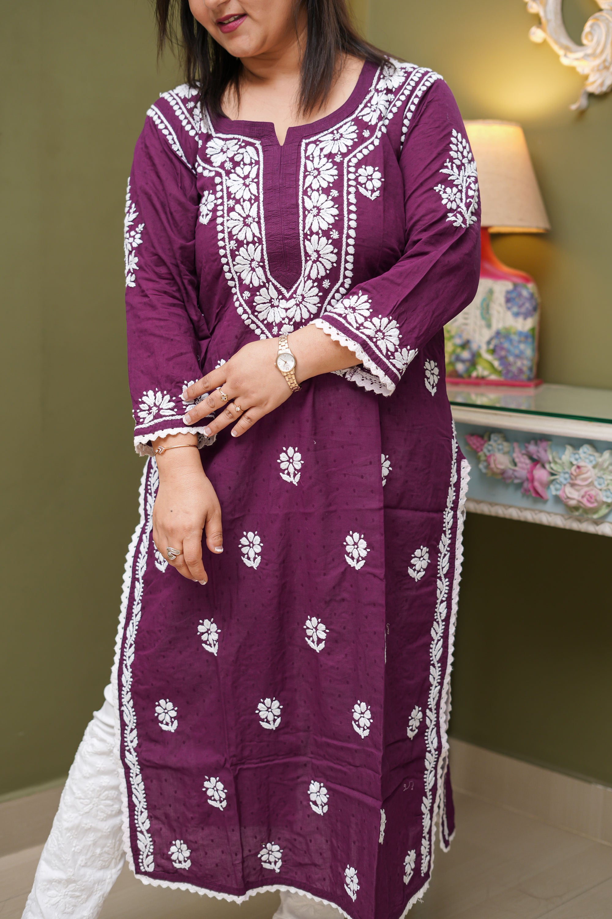 Dobby Cotton Chikankari Kurta with Lace Detailing