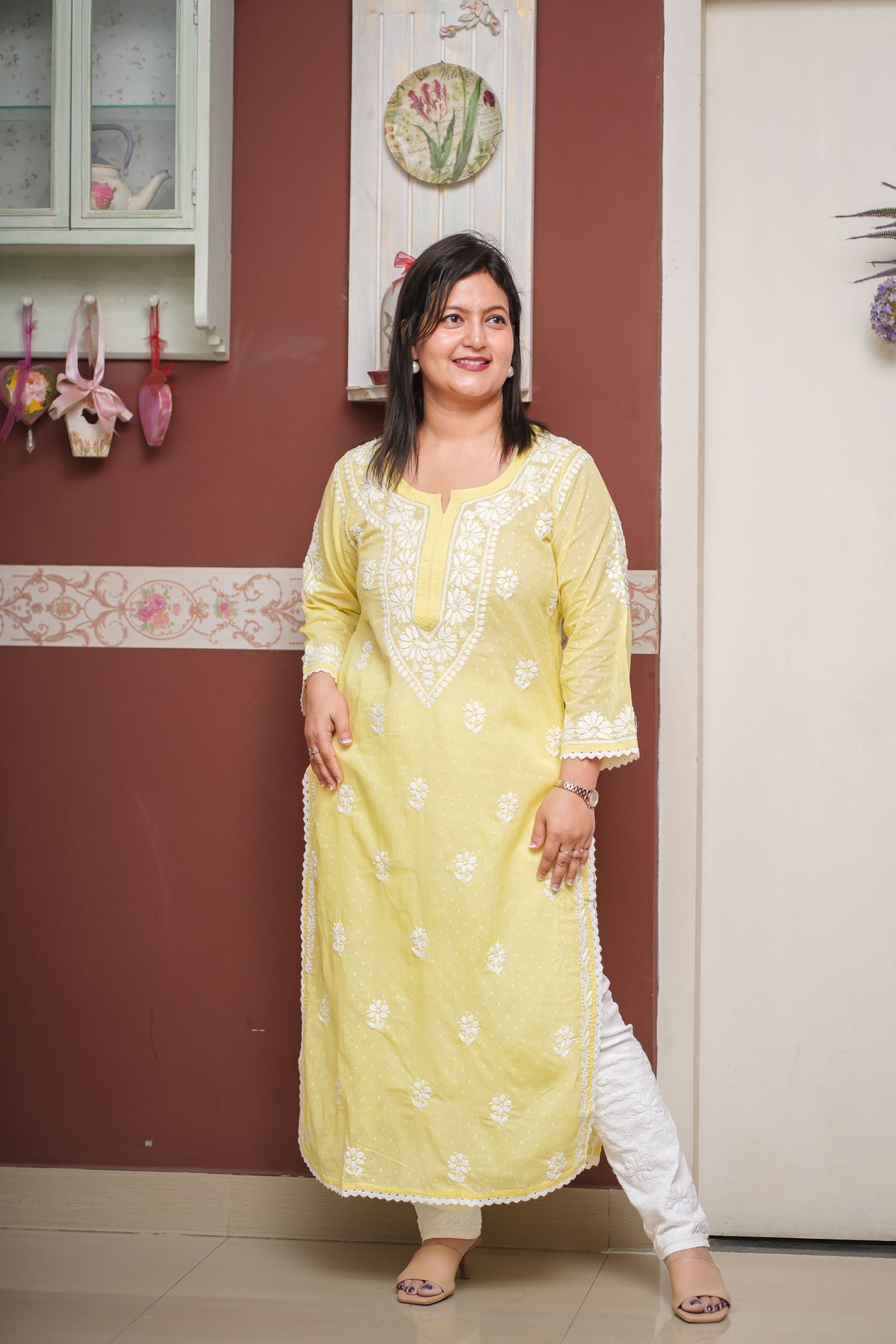 Dobby Cotton Chikankari Kurta with Lace Detailing