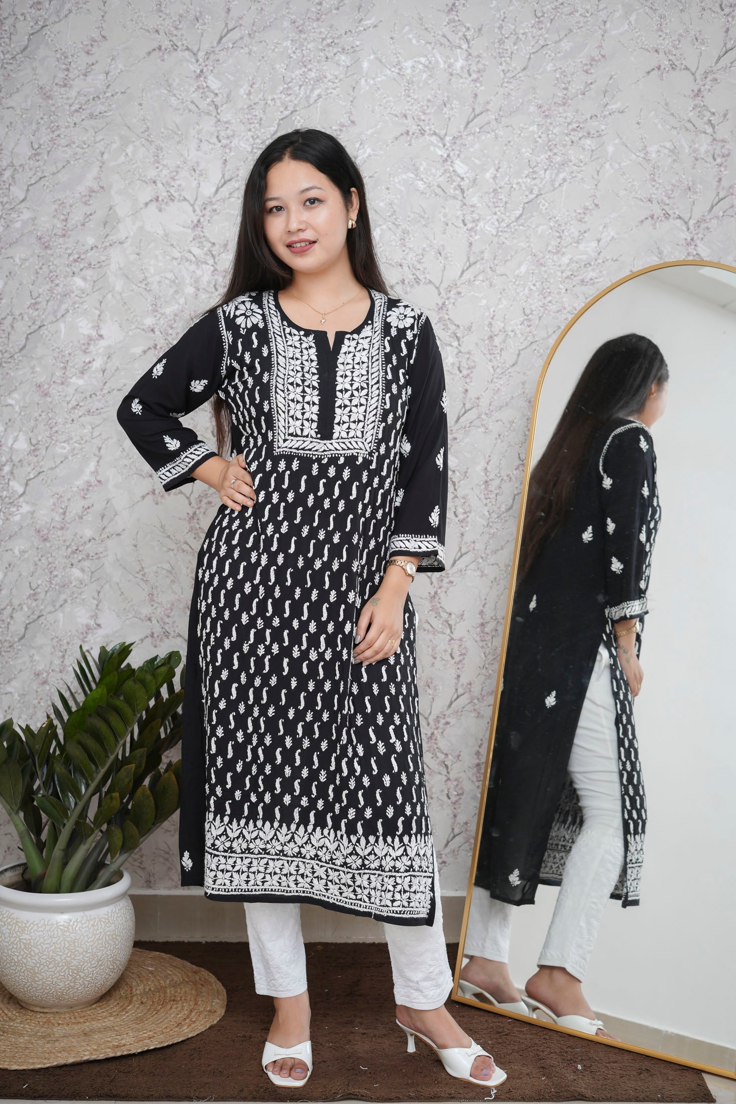 Black Modal Chikankari Long Straight Kurta
