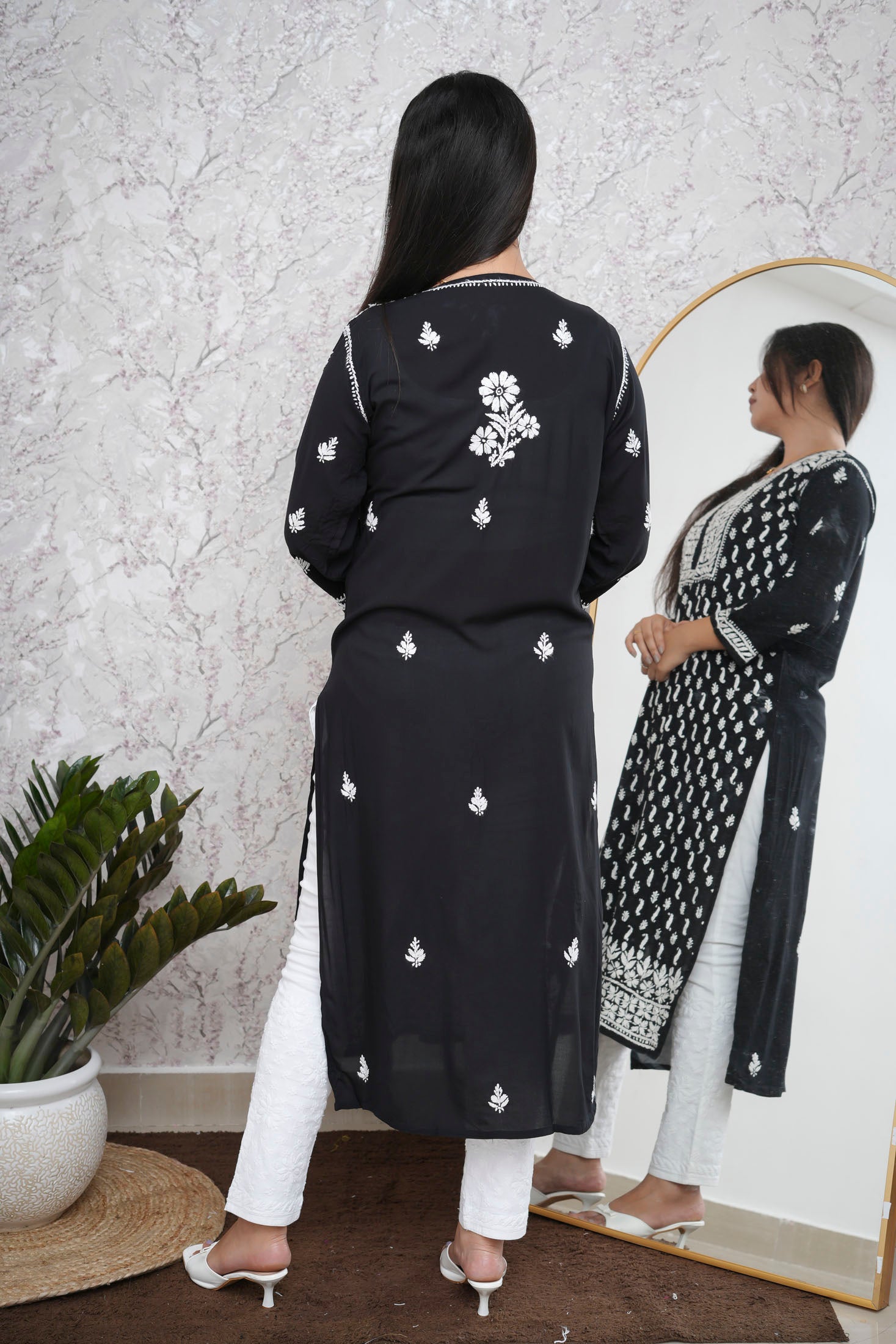 Black Modal Chikankari Long Straight Kurta