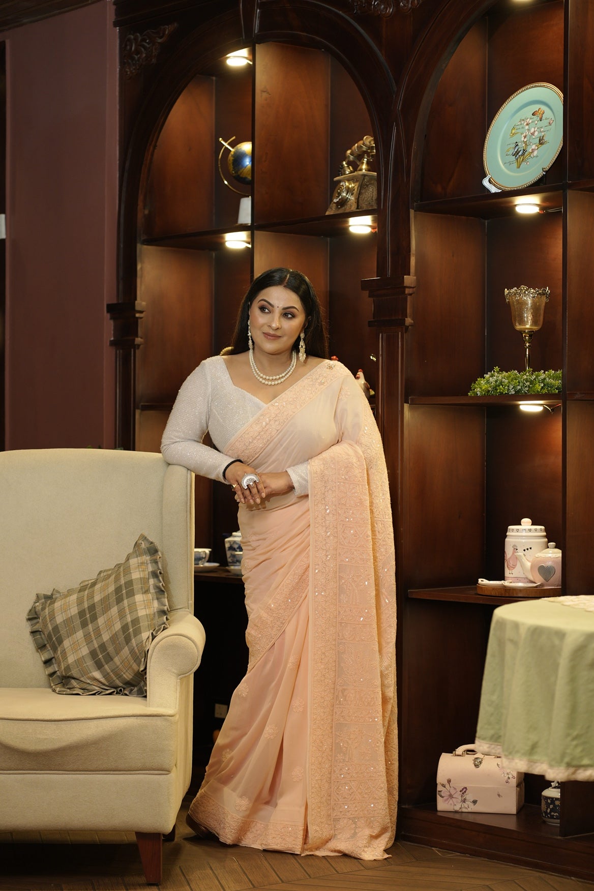 Meher Viscose Georgette Chikankari Saree- Peach