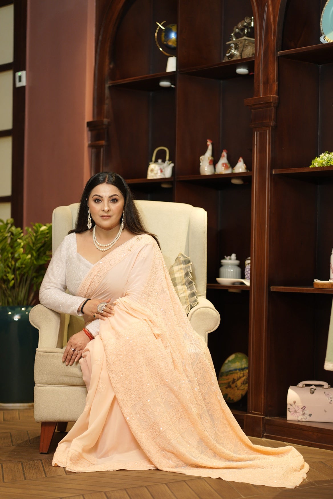 Meher Viscose Georgette Chikankari Saree- Peach