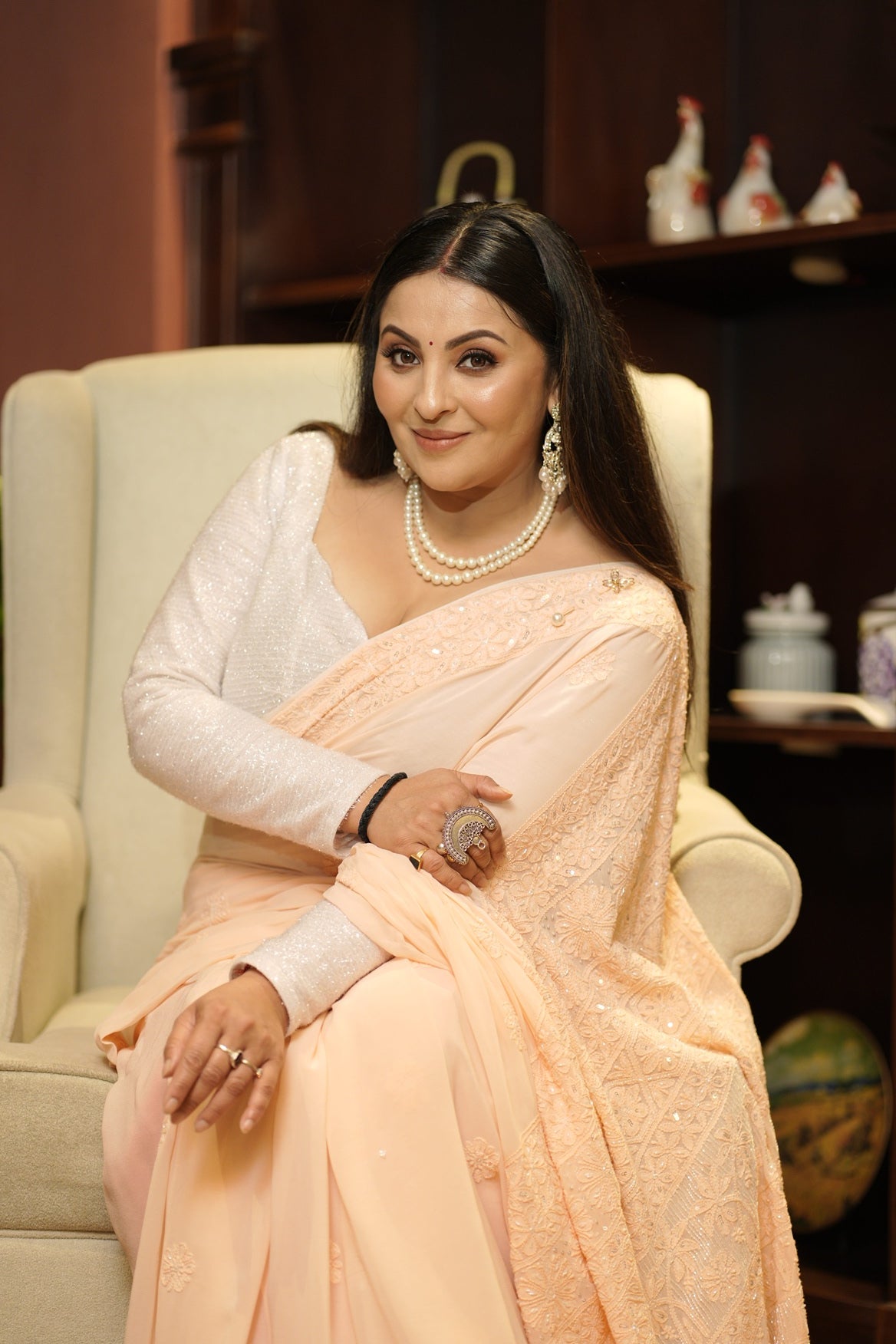 Meher Viscose Georgette Chikankari Saree- Peach