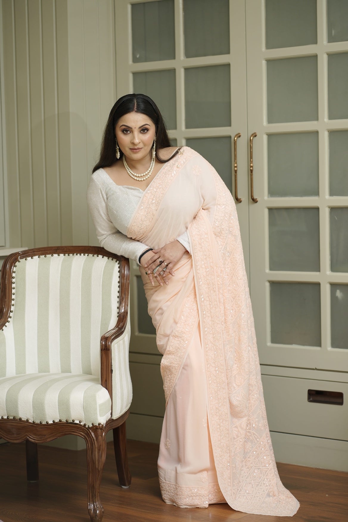 Meher Viscose Georgette Chikankari Saree- Peach