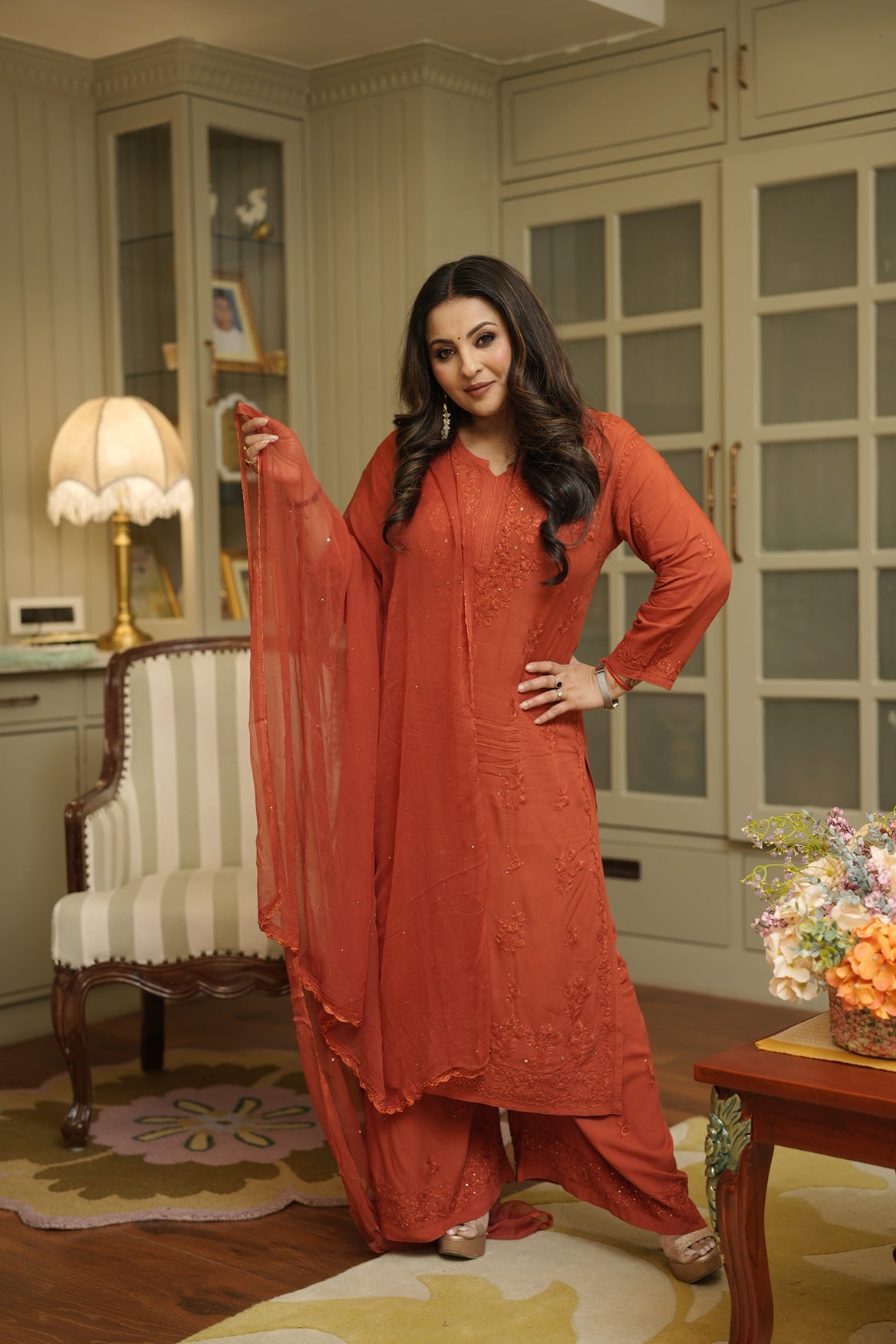 Noorani Mukaish Modal Chikankari Kurta Plazzo and Dupatta Set