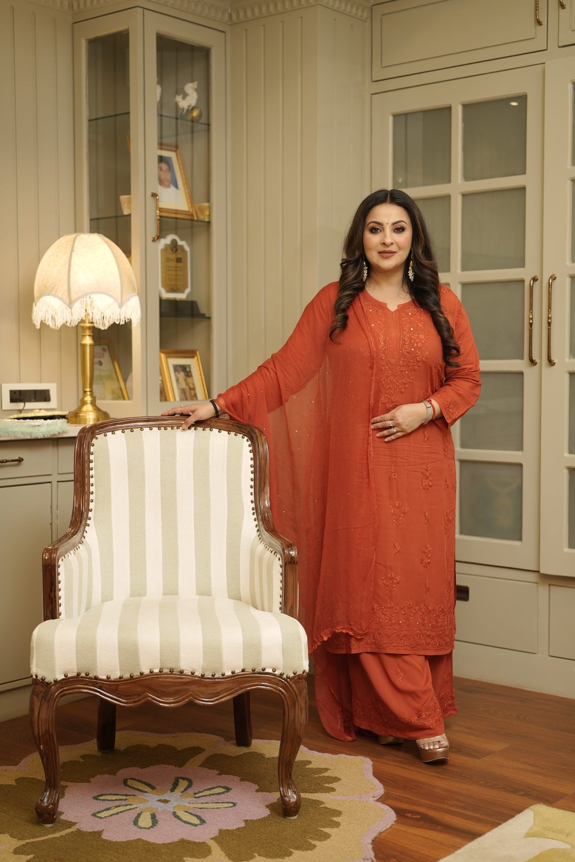 Noorani Mukaish Modal Chikankari Kurta Plazzo and Dupatta Set