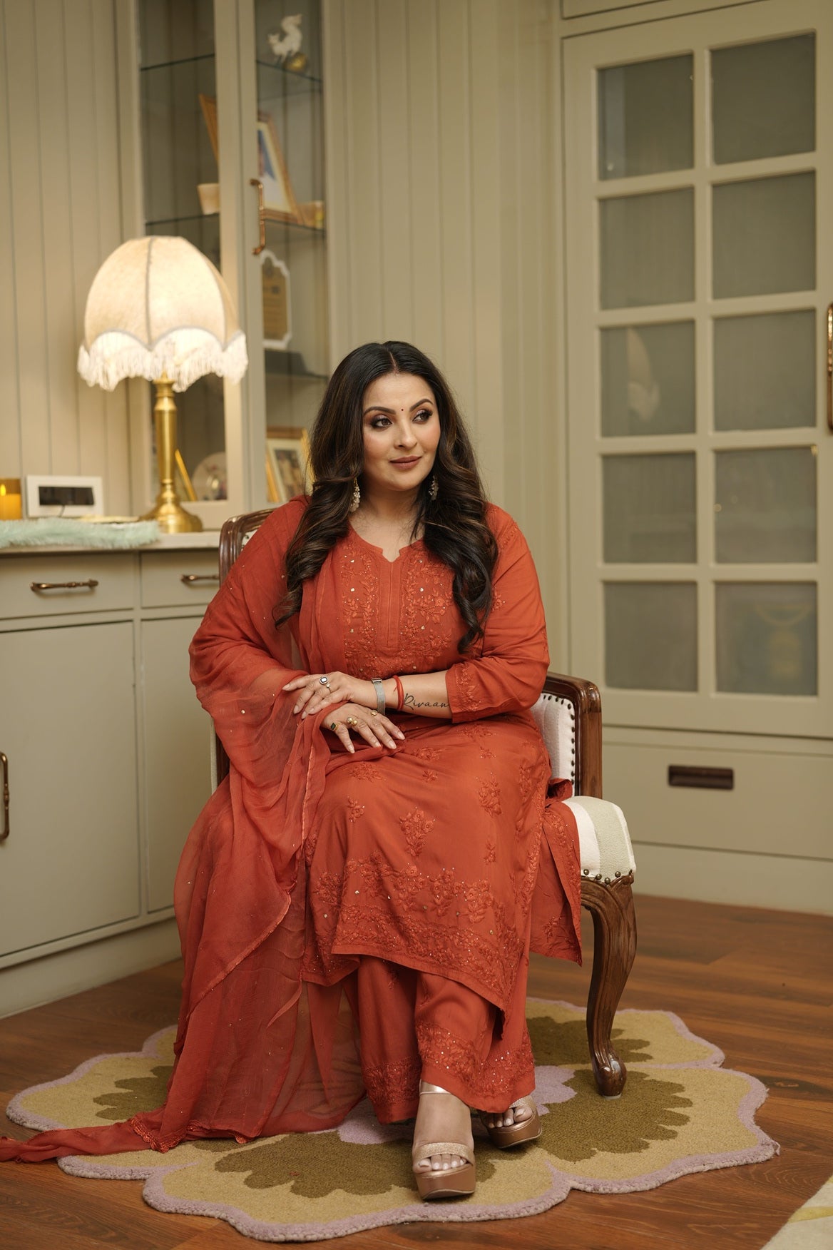 Noorani Mukaish Modal Chikankari Kurta Plazzo and Dupatta Set