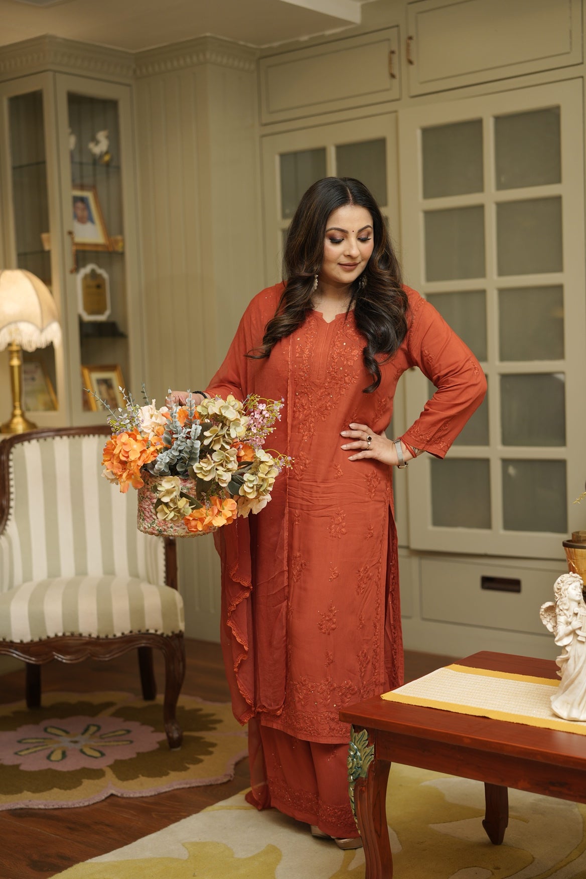 Noorani Mukaish Modal Chikankari Kurta Plazzo and Dupatta Set