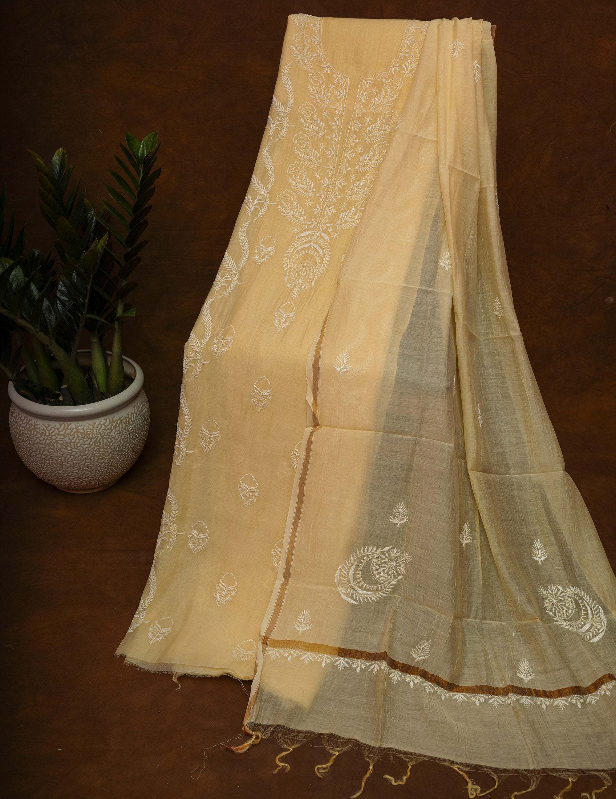 Mulmul Cotton- Chikankari Unstitched 3 Pc Suit Set-Light Yellow
