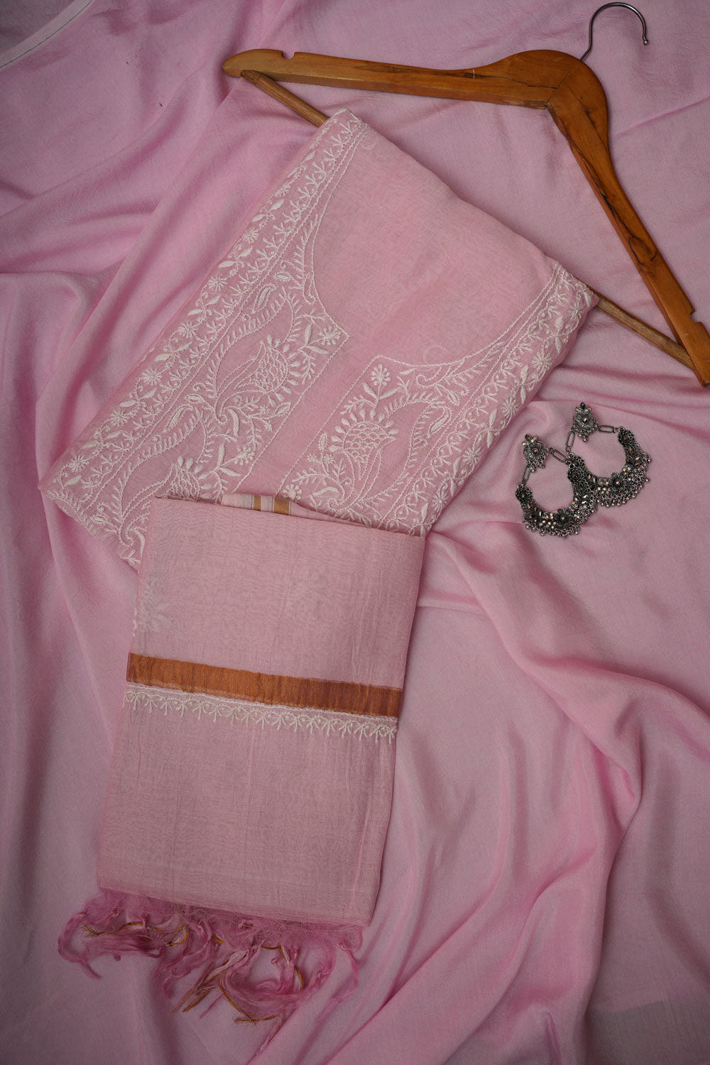 Mulmul Cotton- Chikankari Unstitched 3 Pc Suit Set-Baby Pink