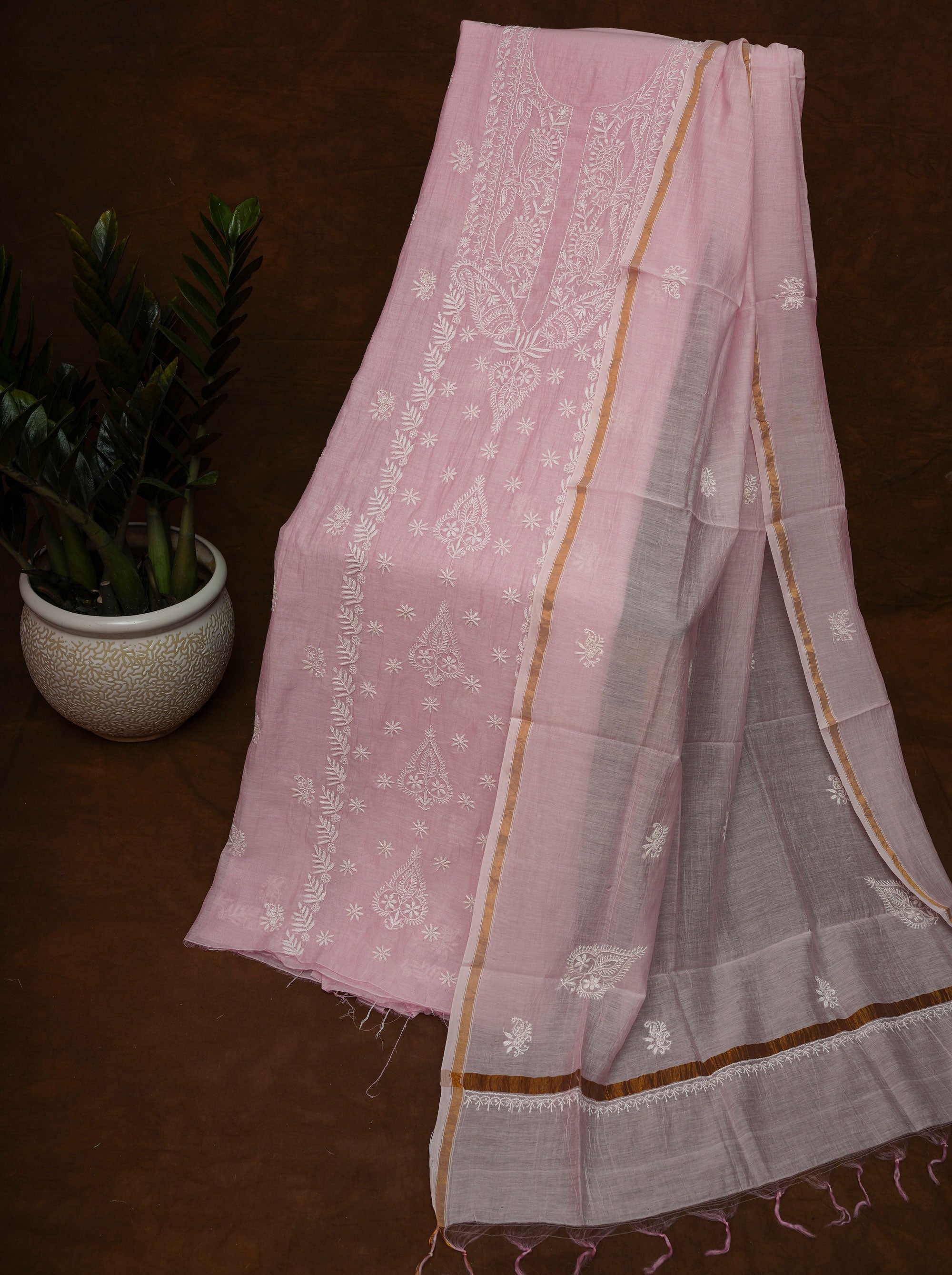 Mulmul Cotton- Chikankari Unstitched 3 Pc Suit Set-Baby Pink