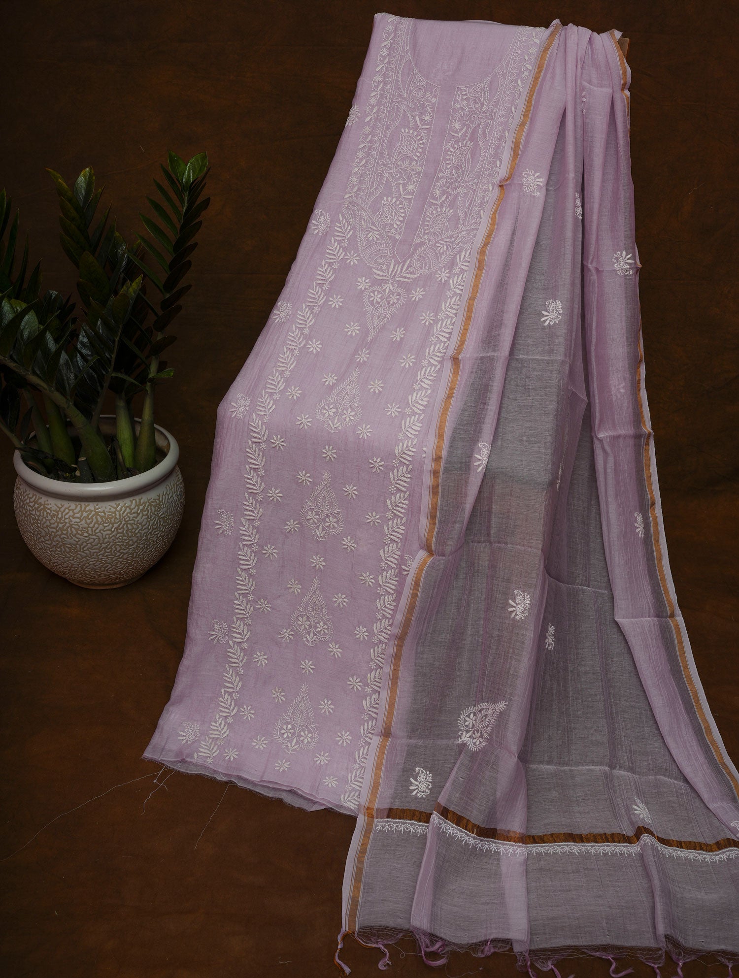 Mulmul Cotton- Chikankari Unstitched 3 Pc Suit Set-Lavender