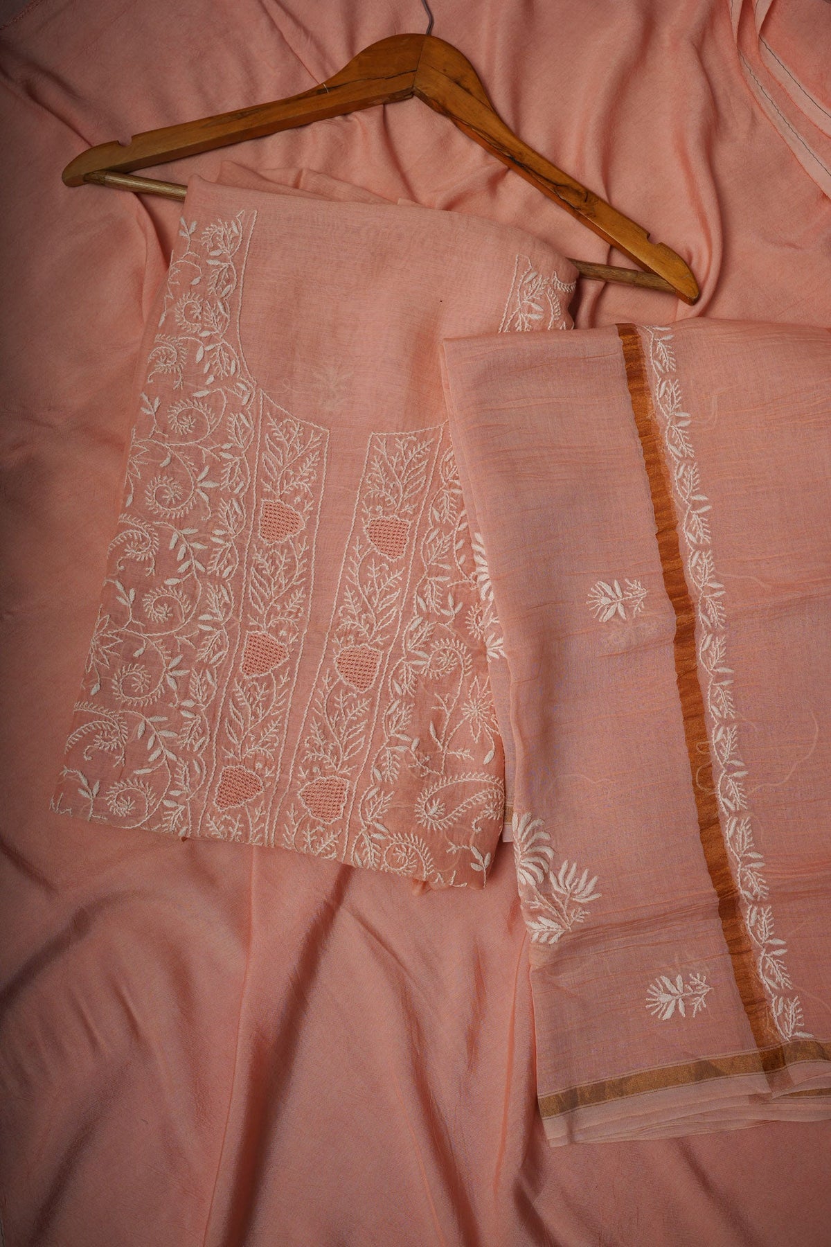 Mul Cotton- Chikankari Unstitched 3 Pc Suit Set with Jaali -Peach