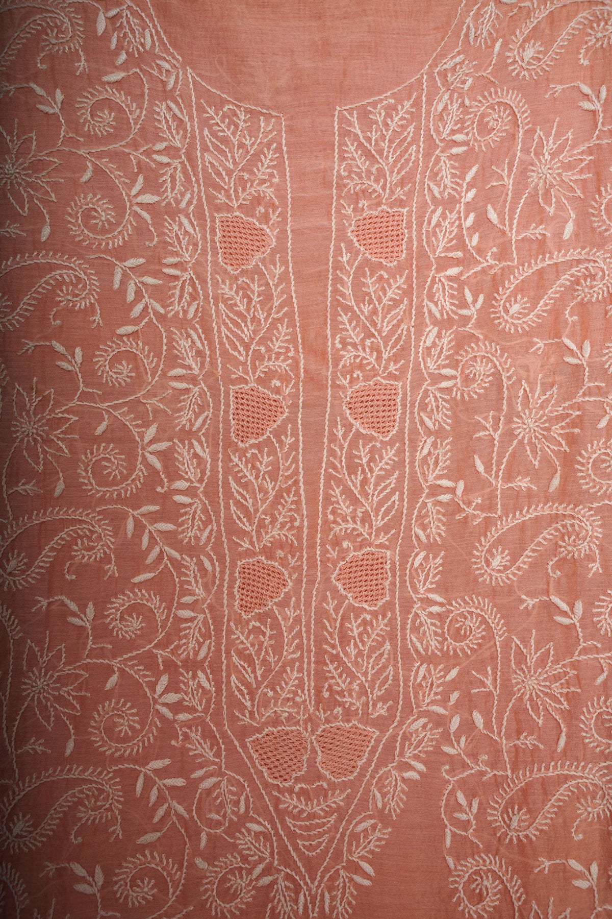 Mul Cotton- Chikankari Unstitched 3 Pc Suit Set with Jaali -Peach