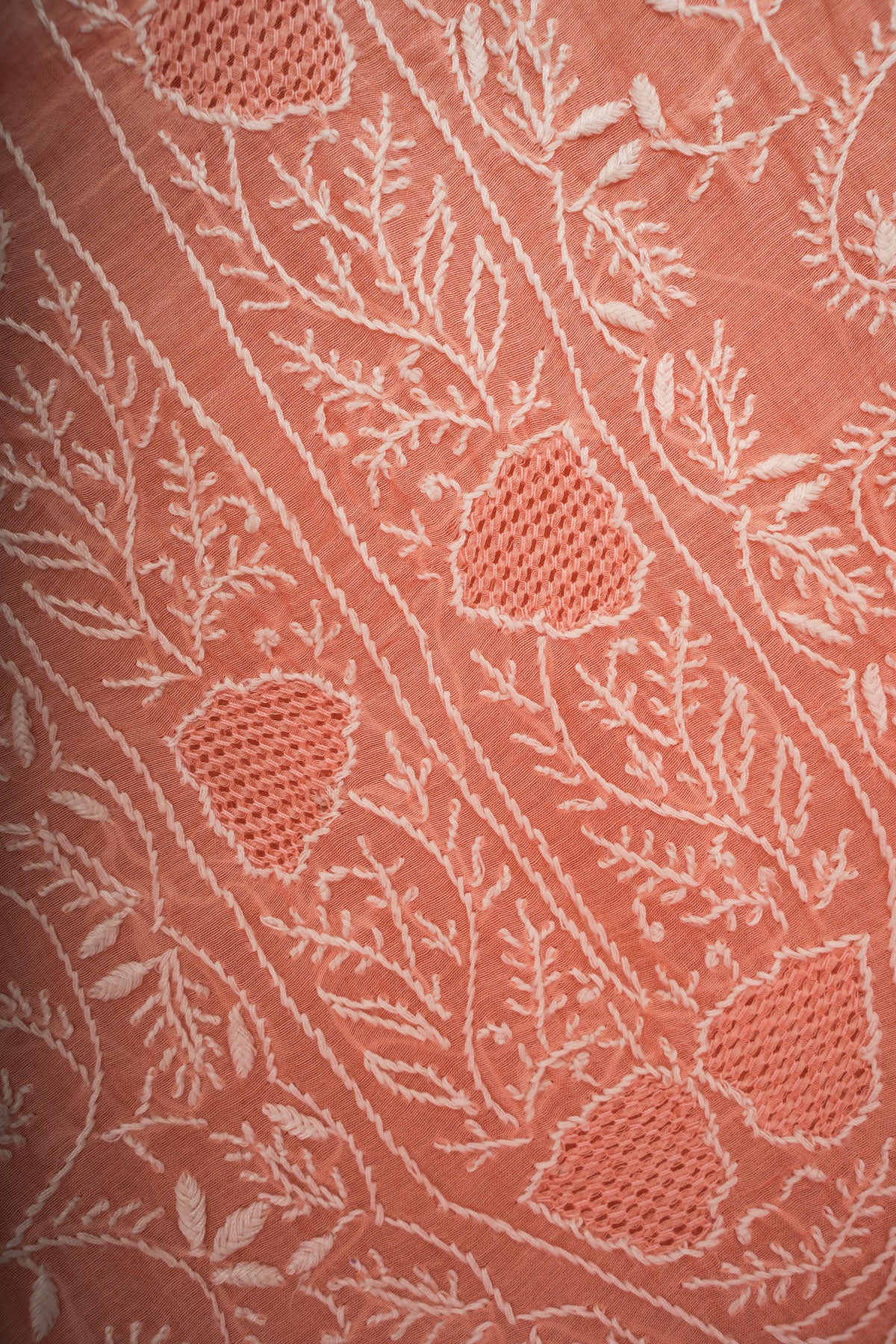 Mul Cotton- Chikankari Unstitched 3 Pc Suit Set with Jaali -Peach