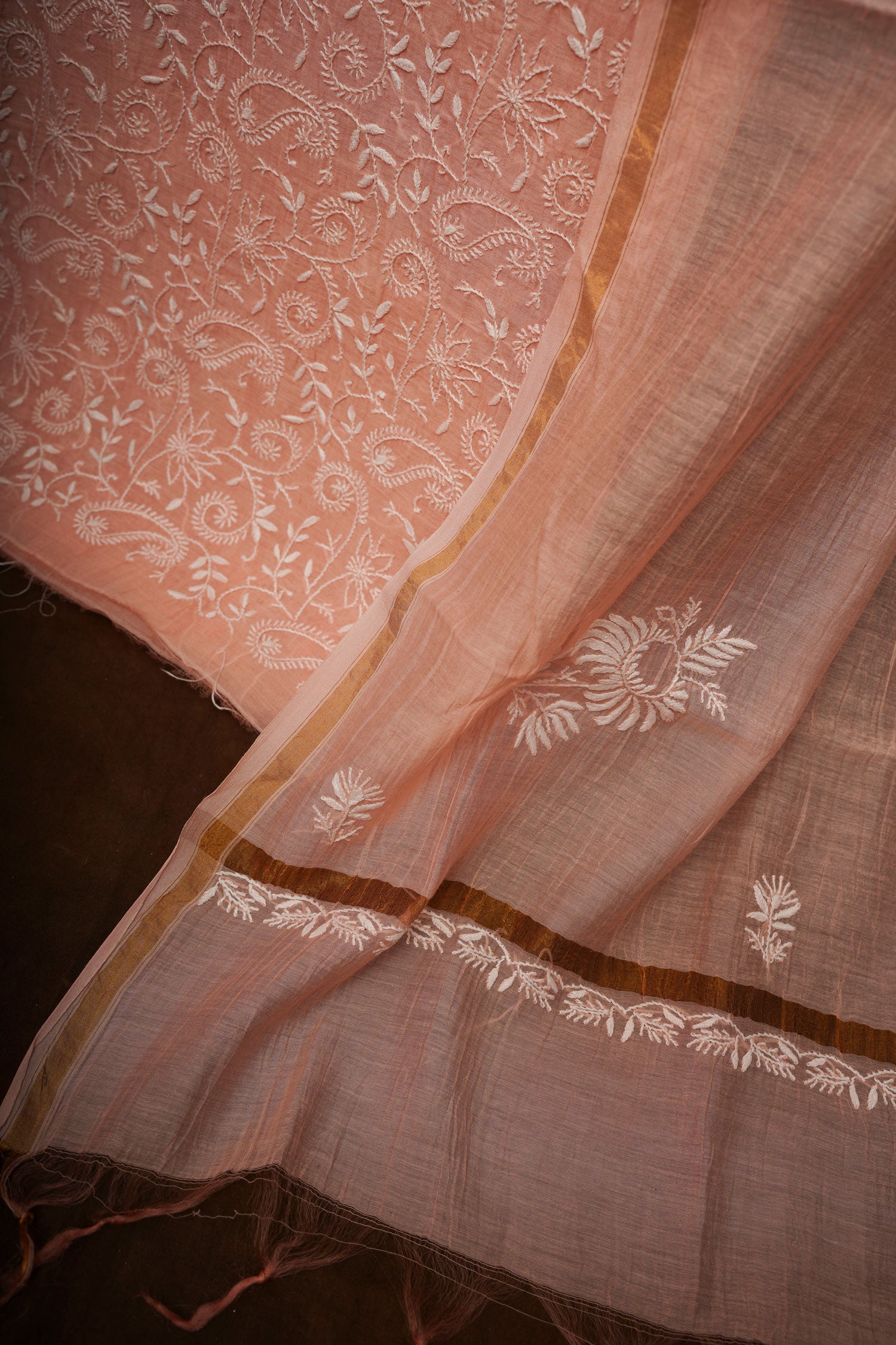 Mul Cotton- Chikankari Unstitched 3 Pc Suit Set with Jaali -Peach