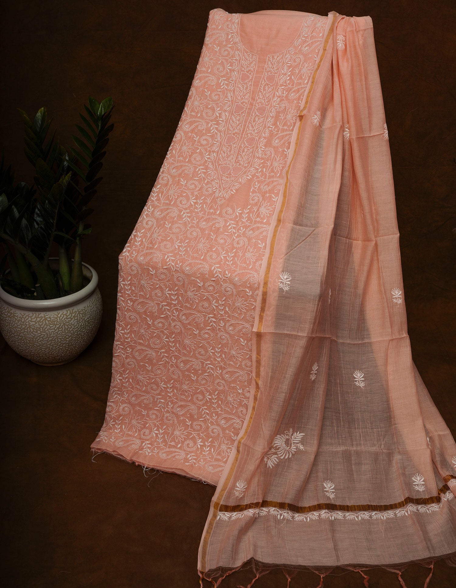 Mul Cotton- Chikankari Unstitched 3 Pc Suit Set with Jaali -Peach