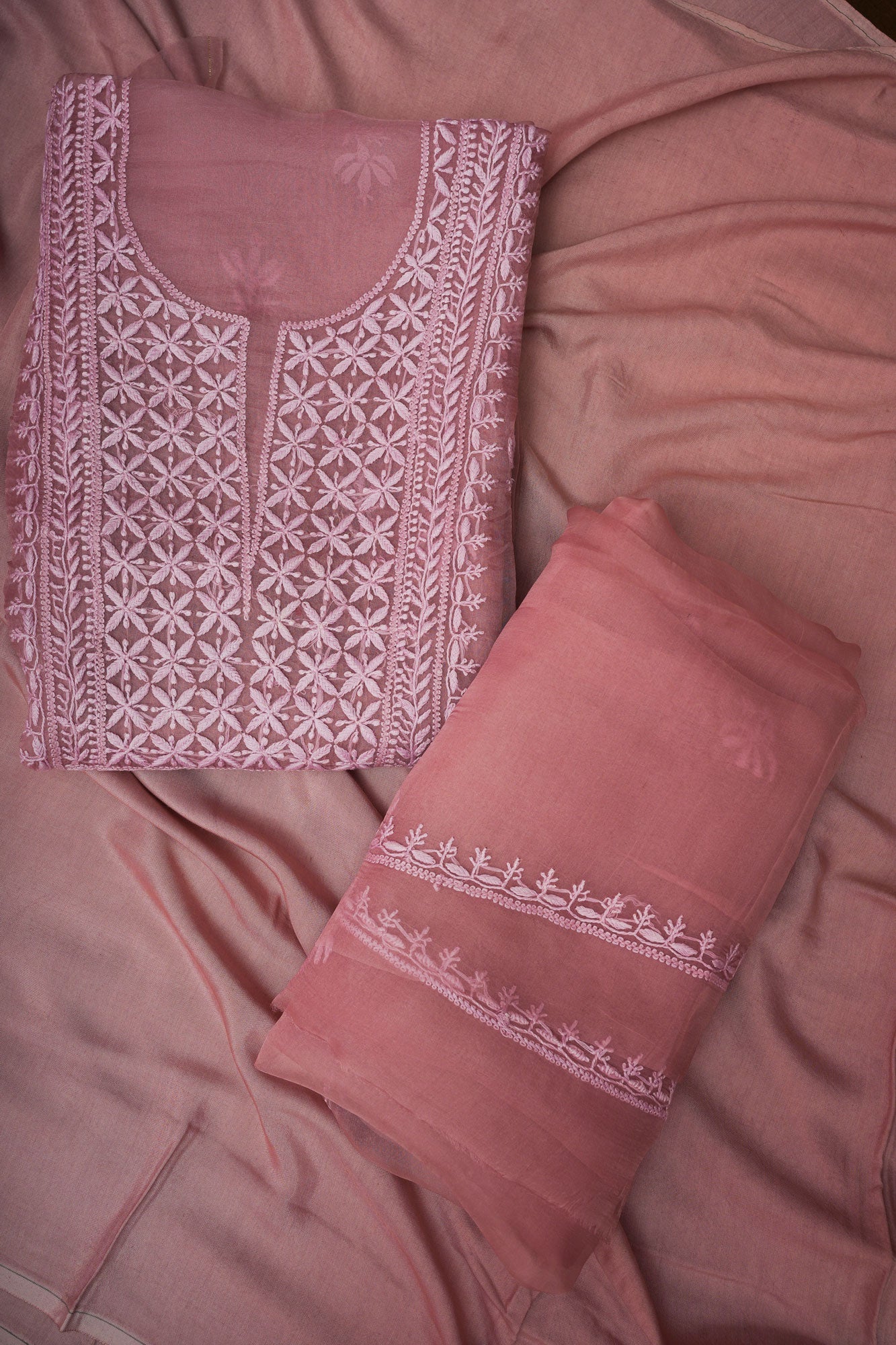 Organza- Chikankari Unstitched 3 Pc Suit Set with Jaali-Dusty Rose