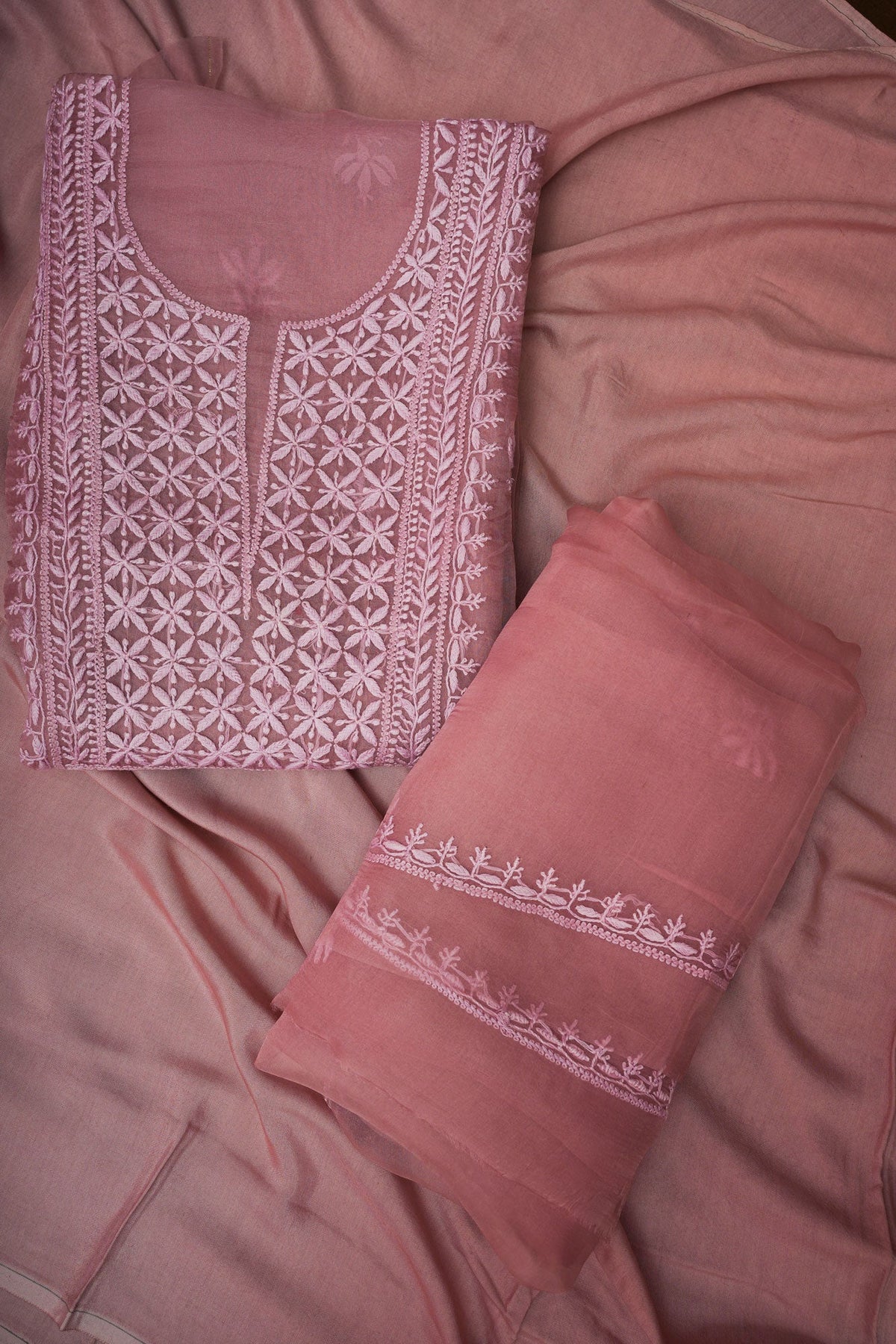 Organza- Chikankari Unstitched 3 Pc Suit Set with Jaali-Dusty Rose