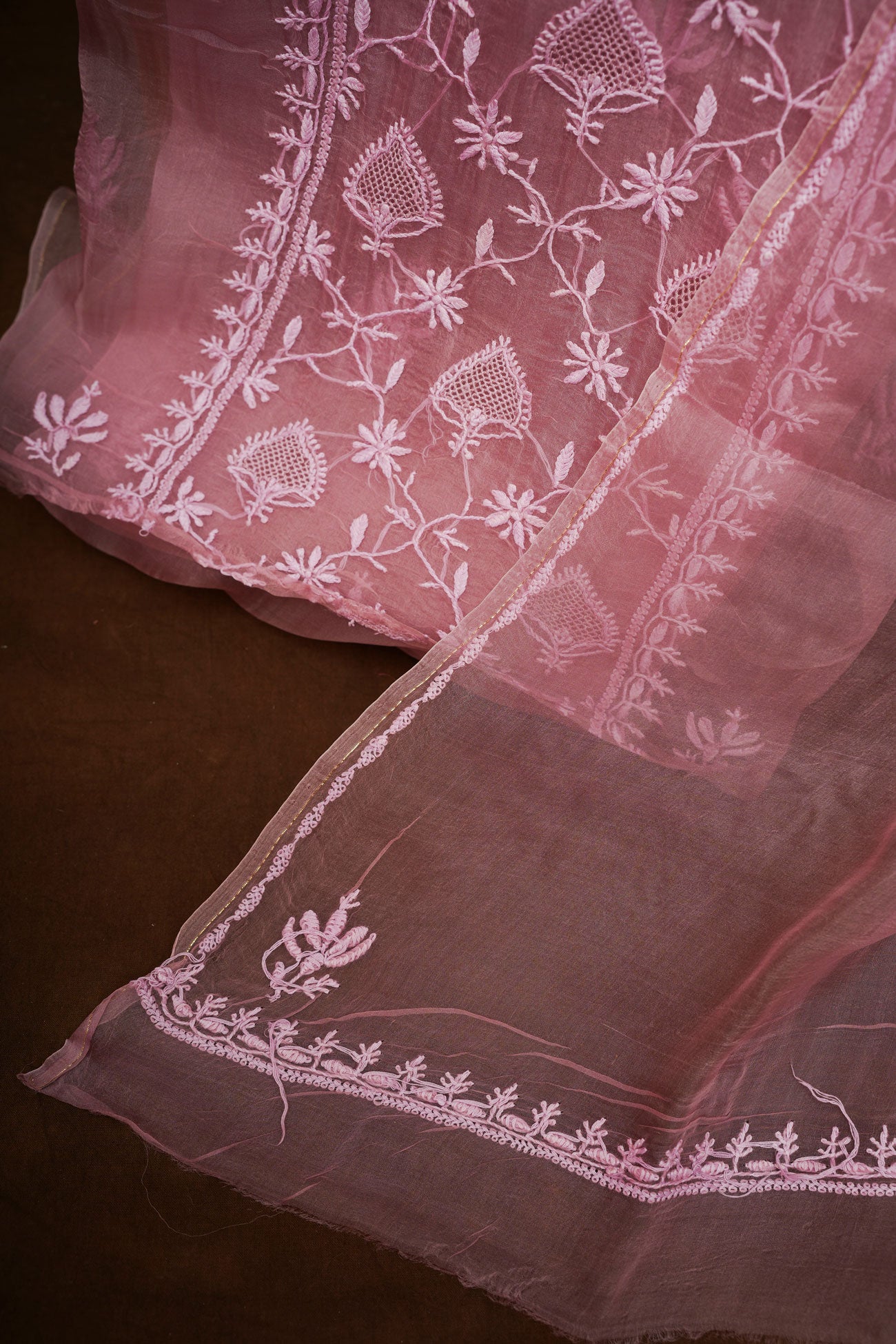 Organza- Chikankari Unstitched 3 Pc Suit Set with Jaali-Dusty Rose