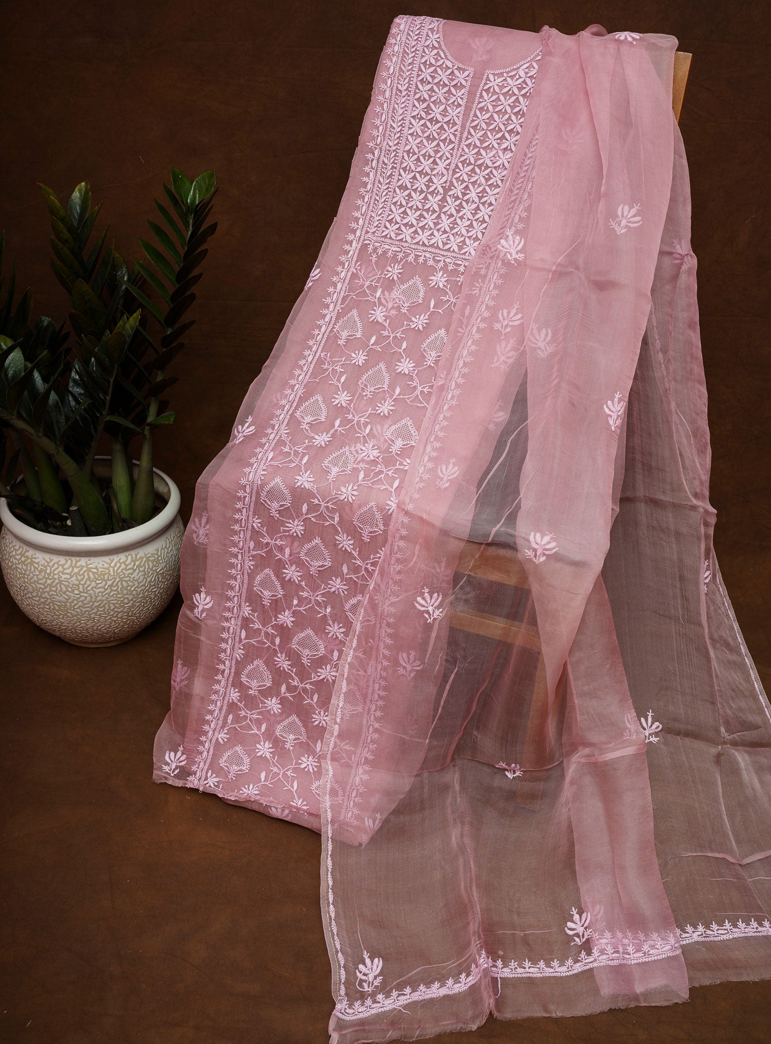 Organza- Chikankari Unstitched 3 Pc Suit Set with Jaali-Dusty Rose