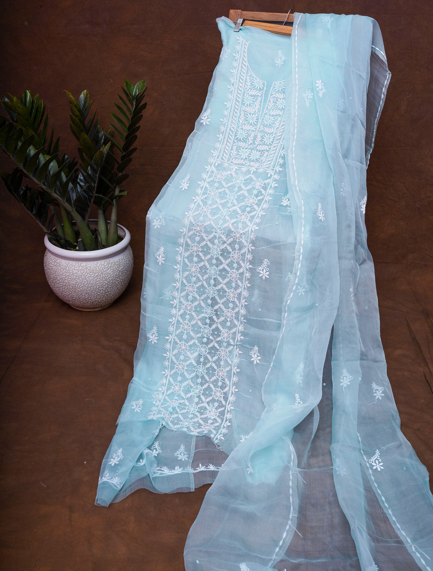 Organza- UnStitched 3 Pc Suit Set-Sky Blue