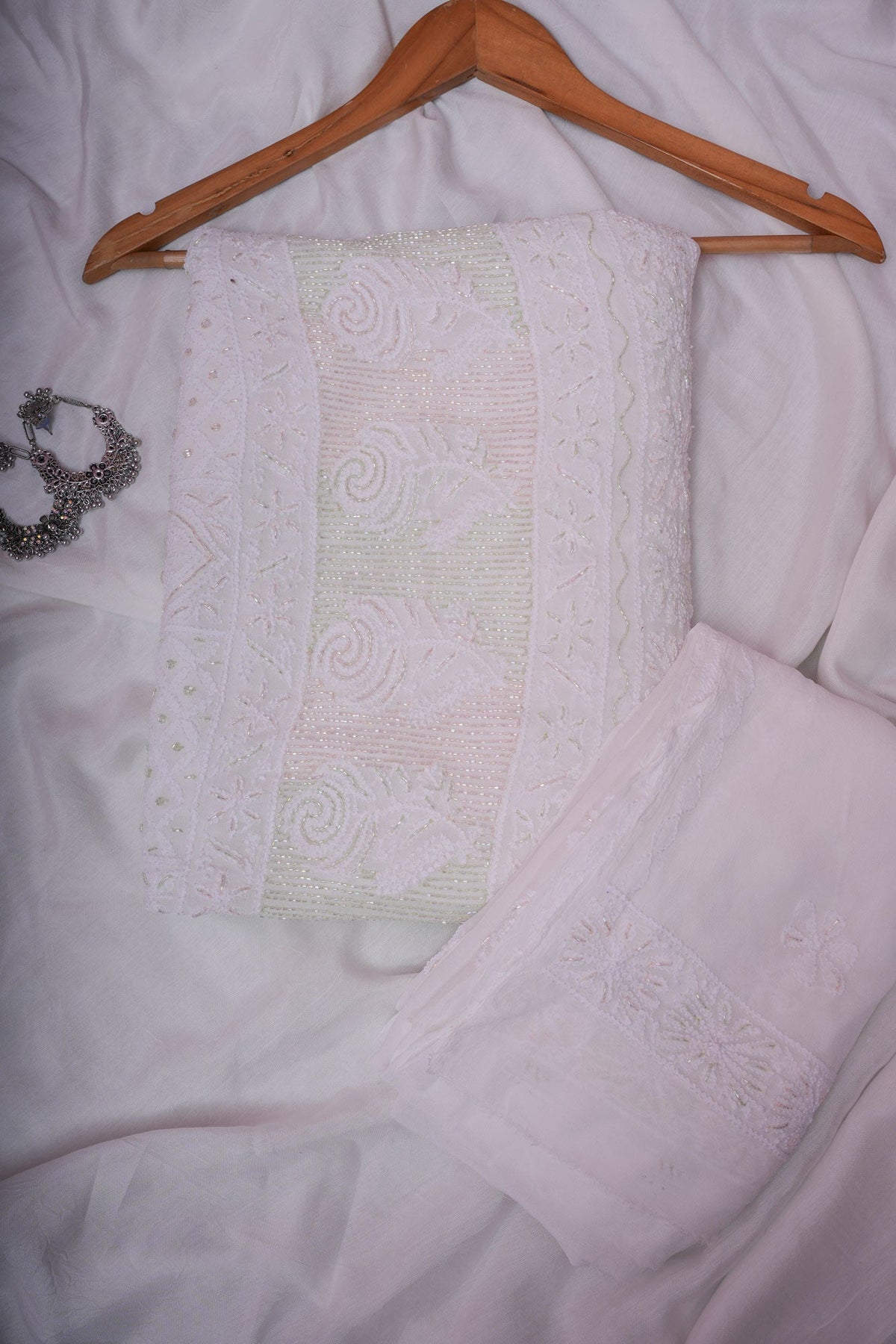 Gulaab Viscose Georgette Unstitched Chikankari Suit Set with Dupatta-White