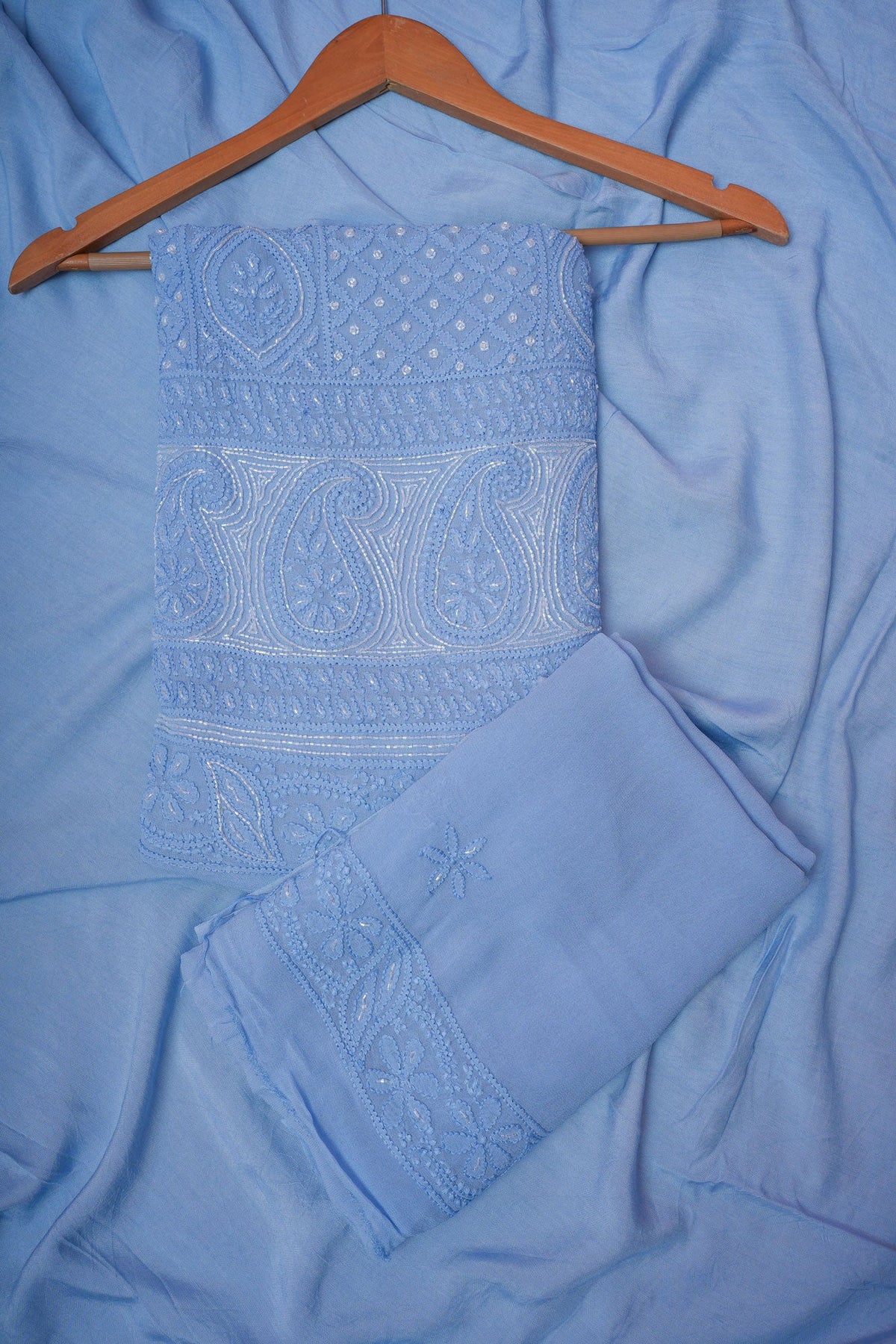 Aasmani Viscose Georgette Unstitched Chikankari 3 pc Suit Set-Sky Blue