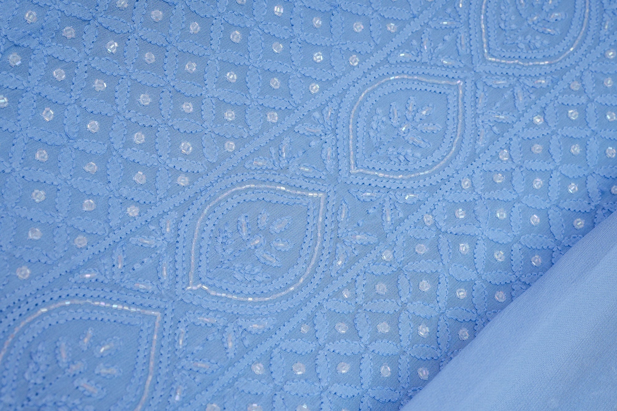 Aasmani Viscose Georgette Unstitched Chikankari 3 pc Suit Set-Sky Blue