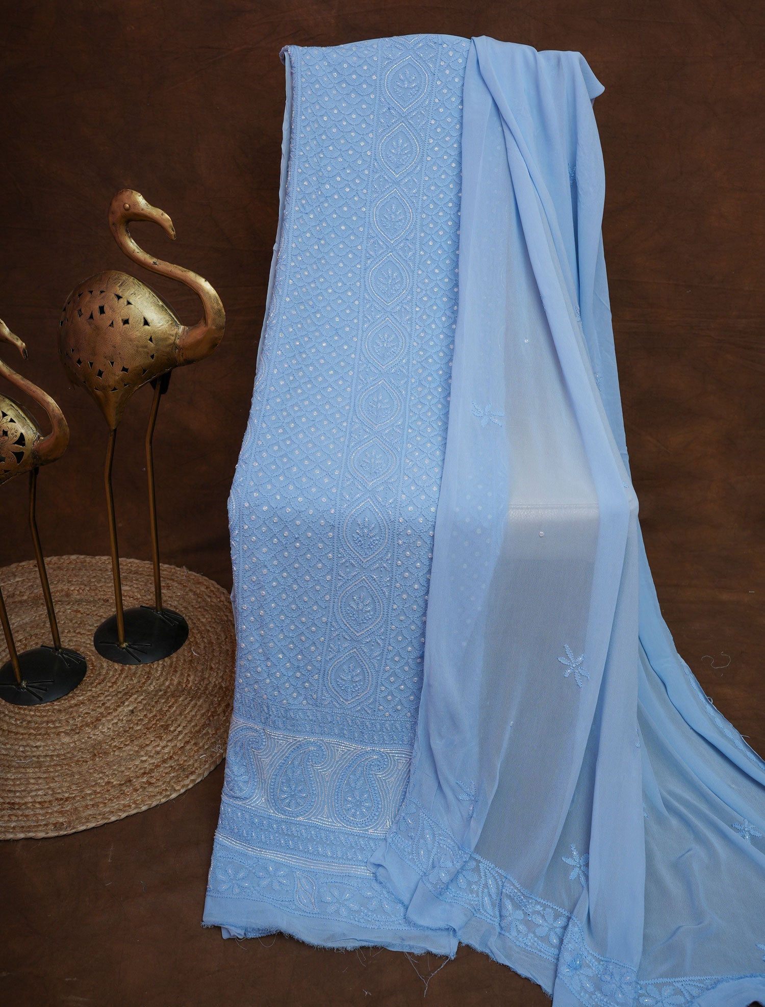 Aasmani Viscose Georgette Unstitched Chikankari 3 pc Suit Set-Sky Blue