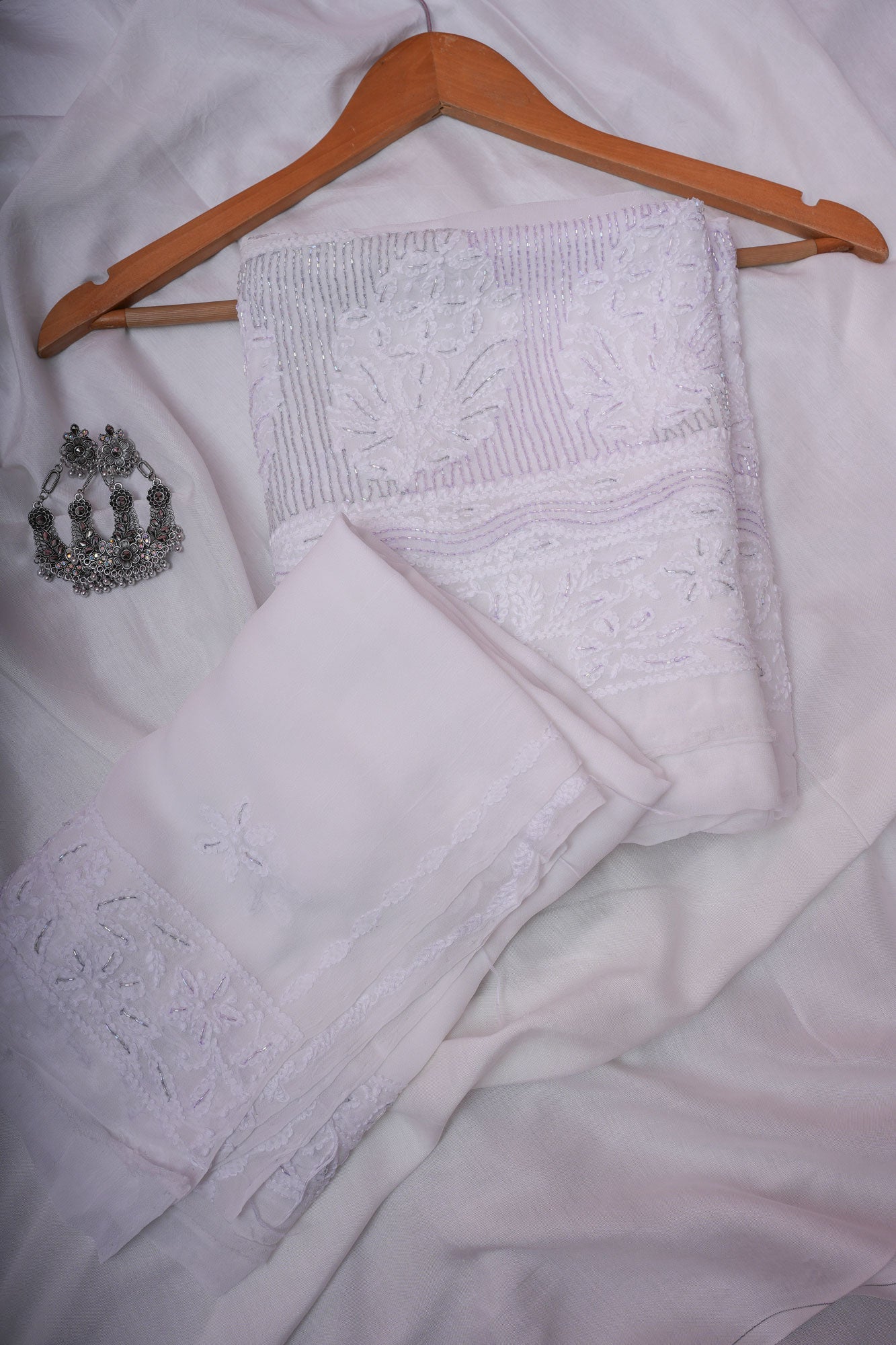 White Viscose Georgette Chikankari Premium 3 Pc Unstitched Suit Set