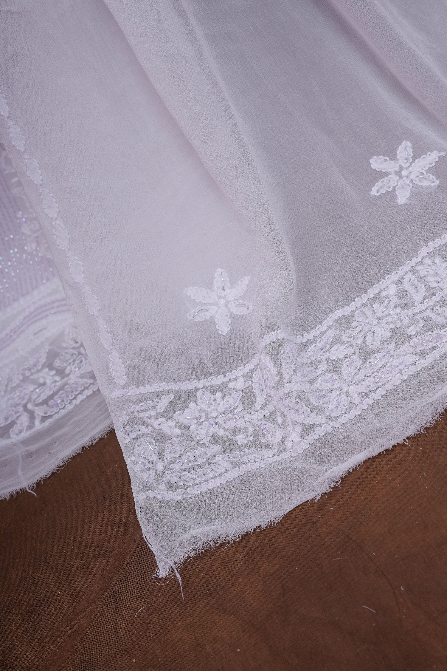 White Viscose Georgette Chikankari Premium 3 Pc Unstitched Suit Set