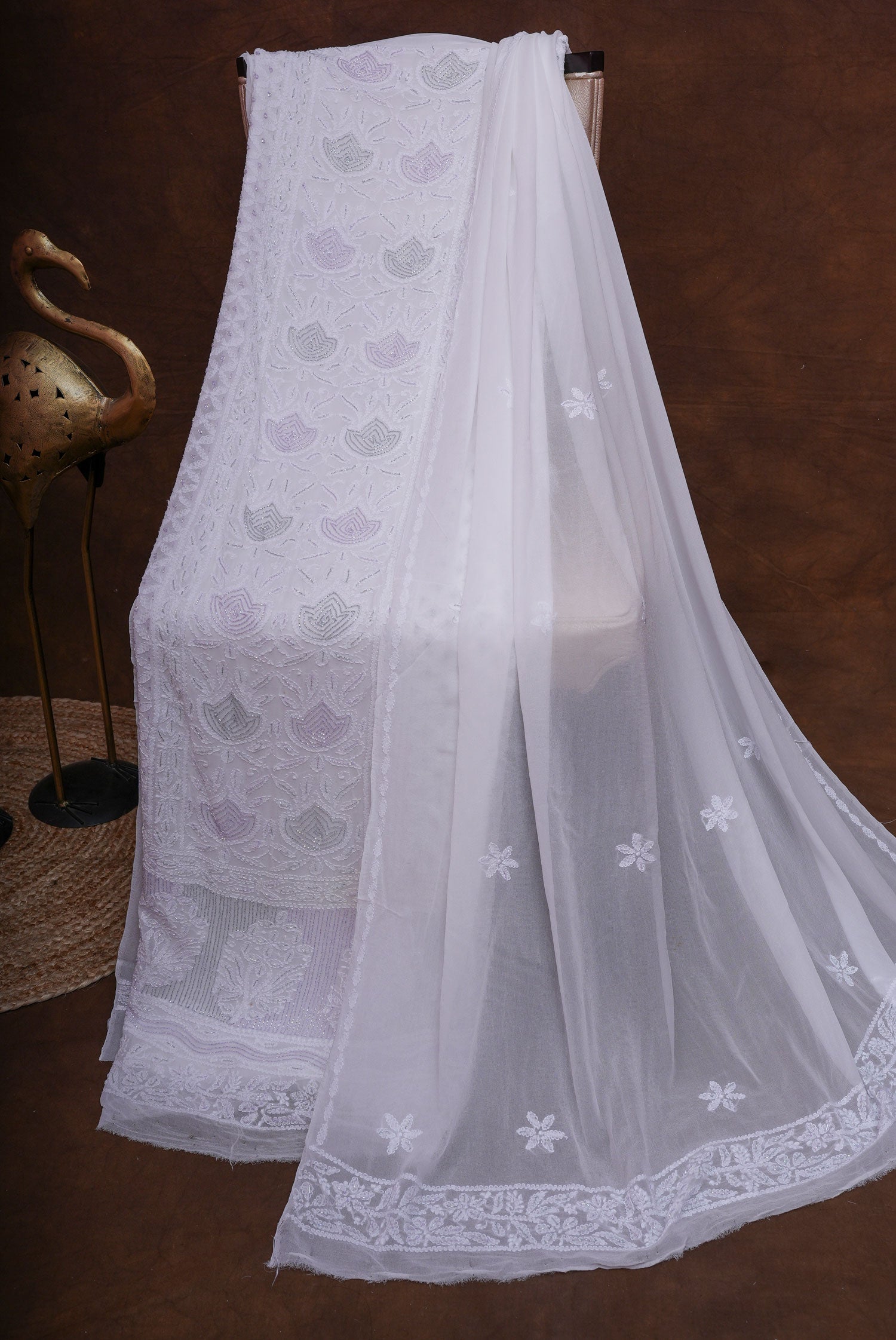 White Viscose Georgette Chikankari Premium 3 Pc Unstitched Suit Set