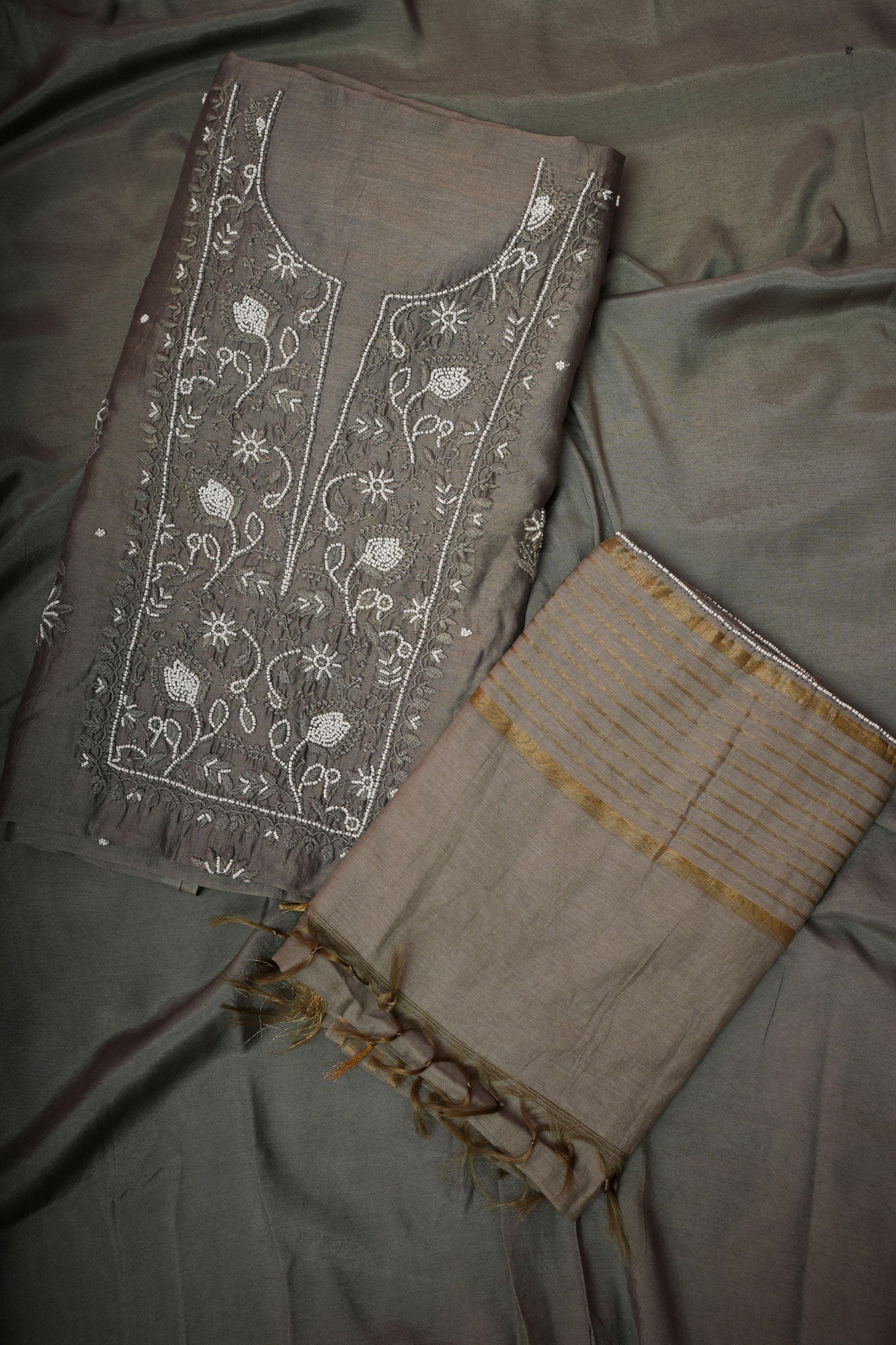 Chanderi Un-Stitched Chikankari Suit Set with Dupatta-Grey