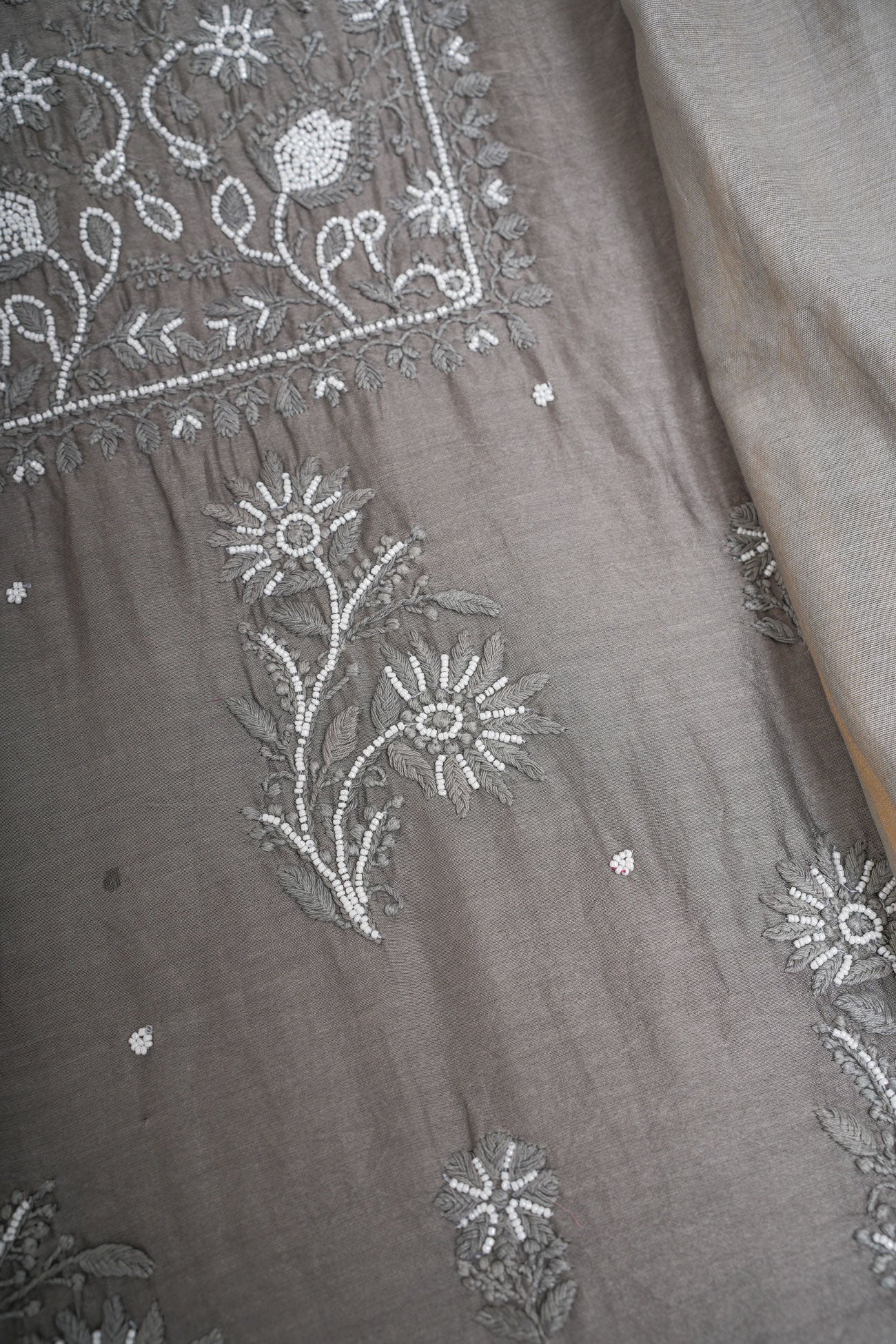 Chanderi Un-Stitched Chikankari Suit Set with Dupatta-Grey