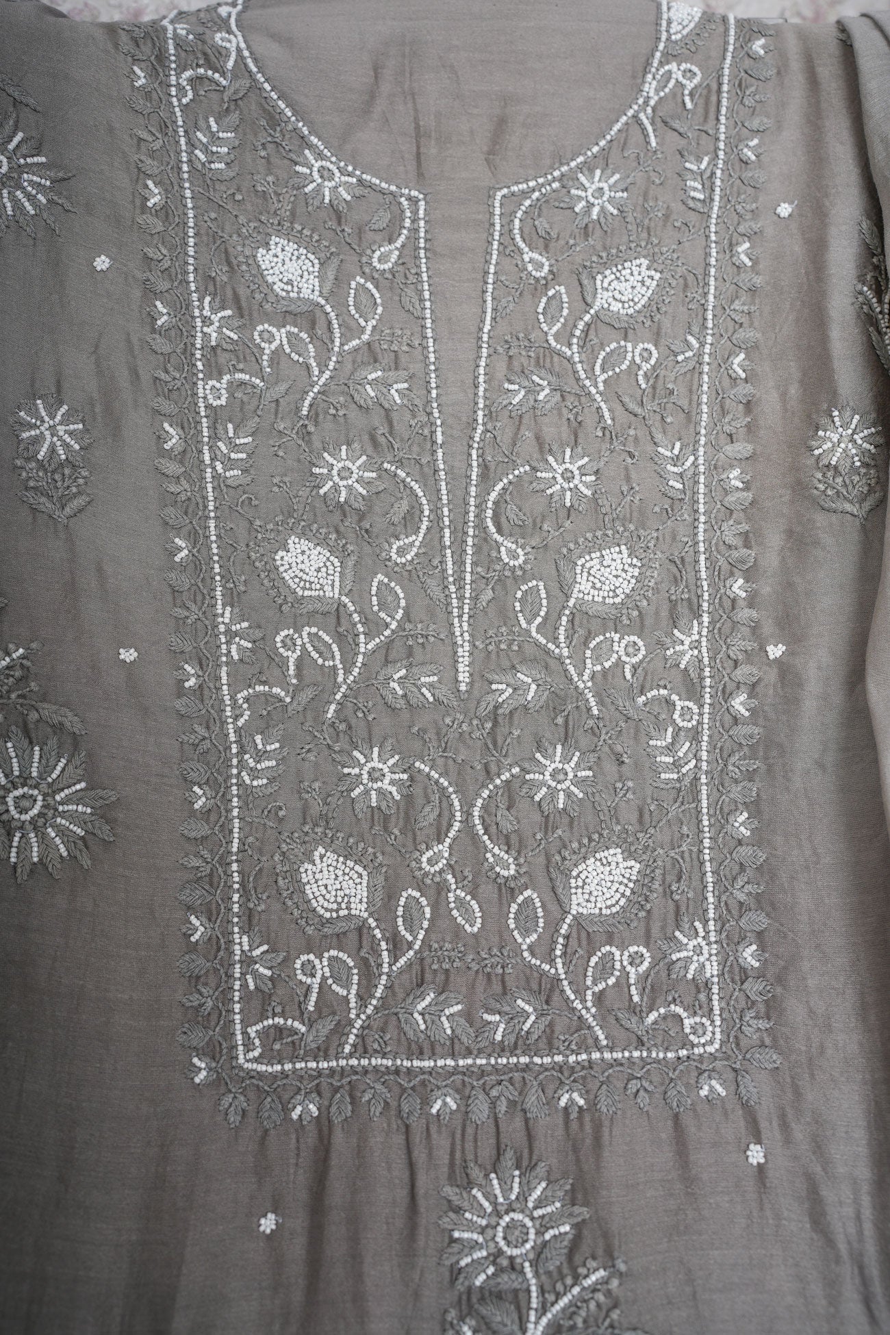 Chanderi Un-Stitched Chikankari Suit Set with Dupatta-Grey