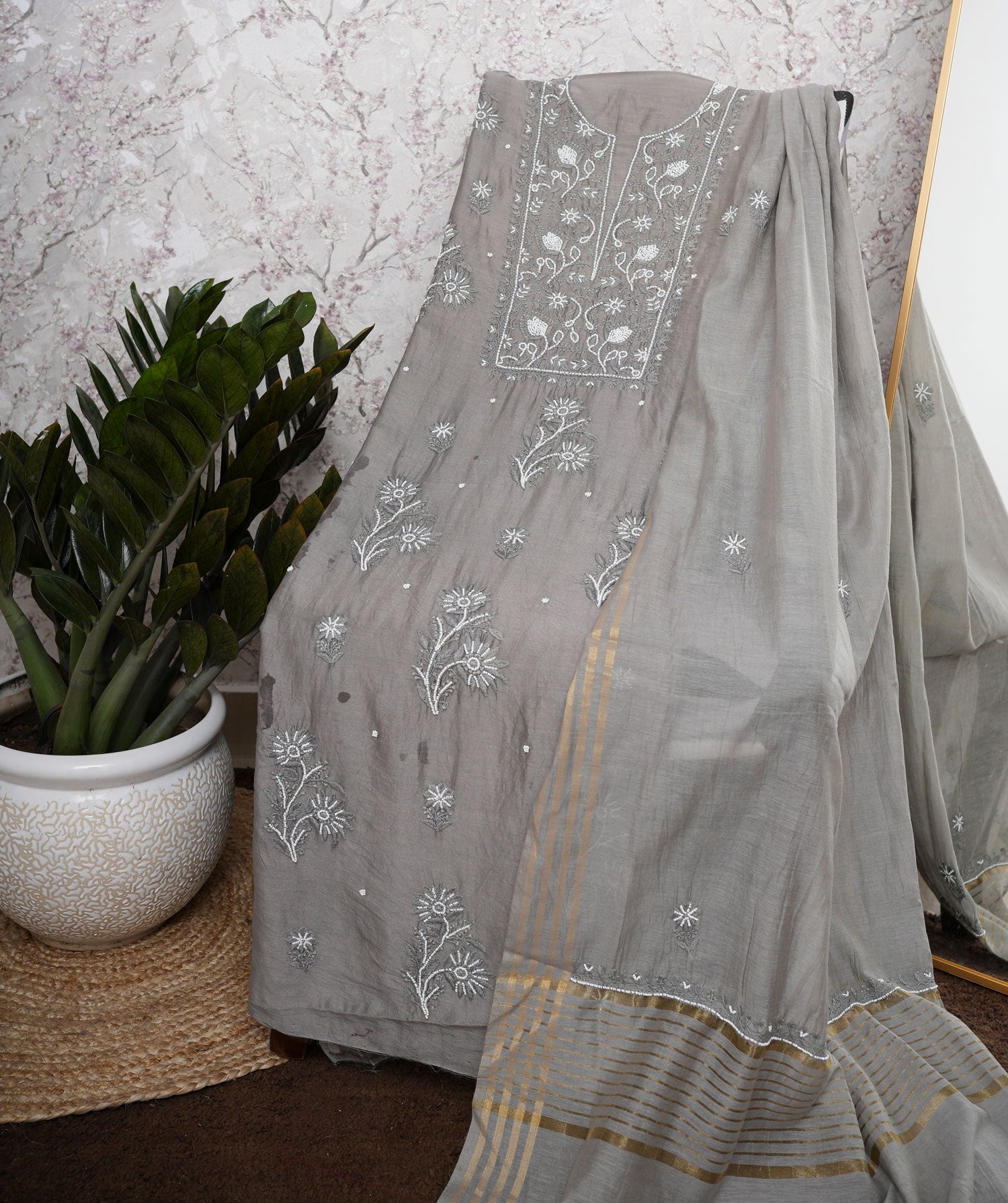 Chanderi Un-Stitched Chikankari Suit Set with Dupatta-Grey