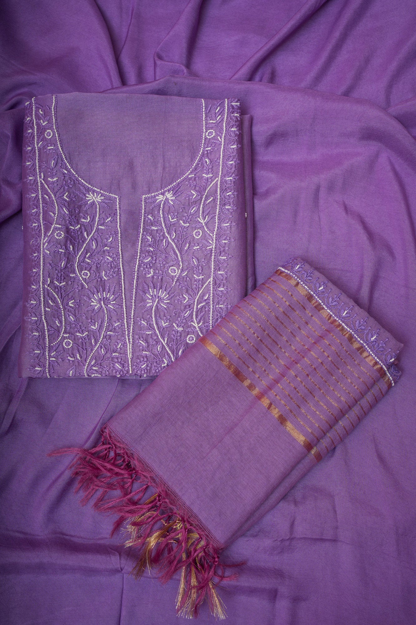 Chanderi Un-Stitched Chikankari Suit Set with Dupatta-Dark Purple