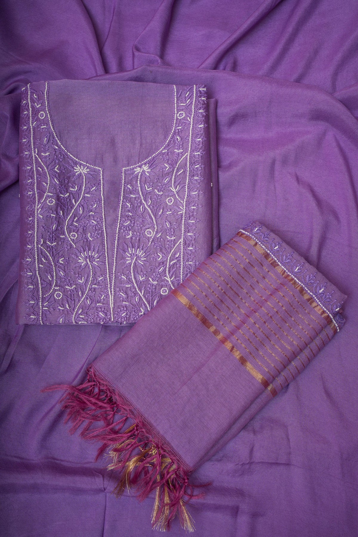Chanderi Un-Stitched Chikankari Suit Set with Dupatta-Dark Purple